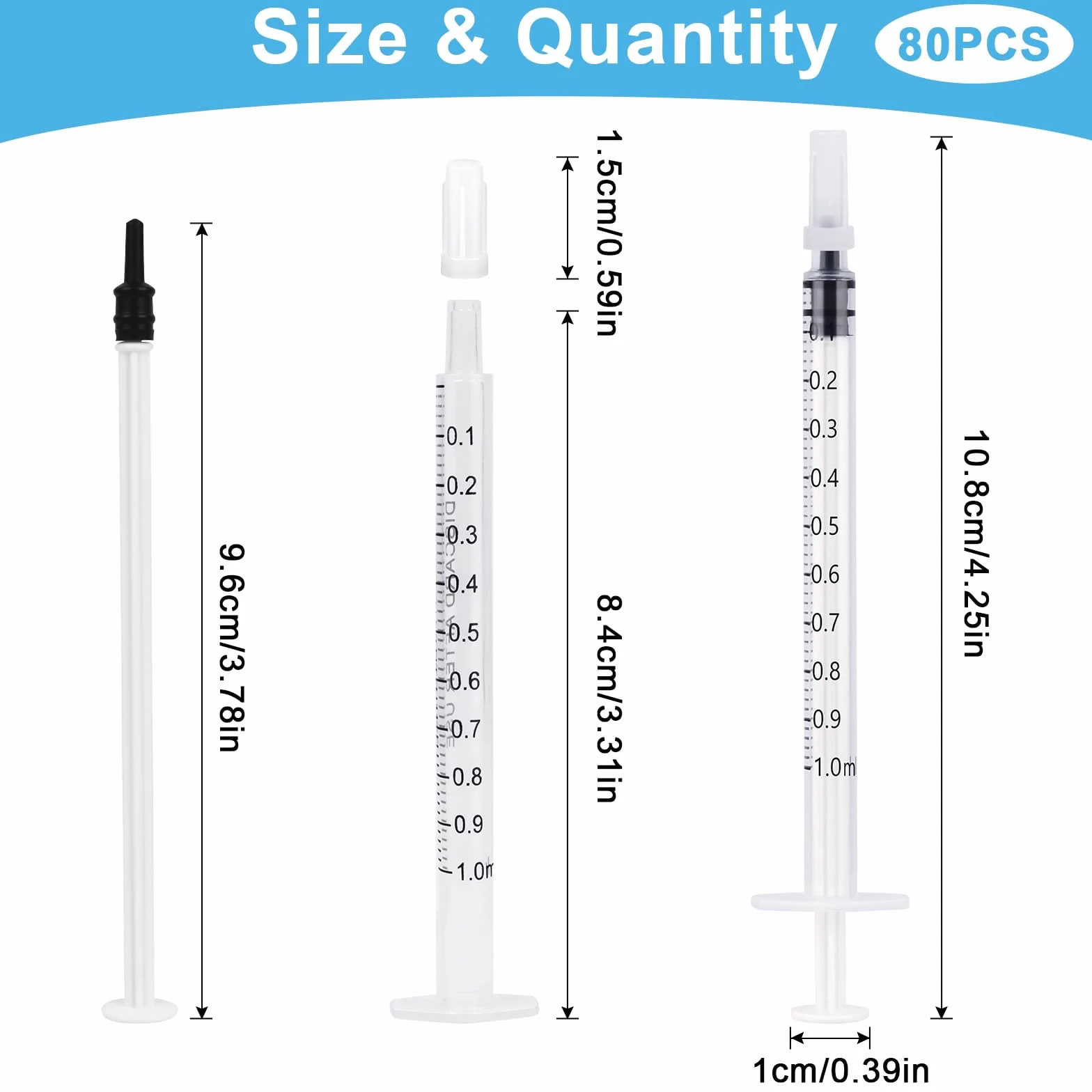 Strzykawka z siarą 1 ml, tworzywo sztuczne z nasadkami: 80 sztuk, 1 ml, strzykawka bez igły, strzykawka 1 ml do uzupełniania i pomiaru płynów, karmienia zwierząt, nawadniania roślin i laboratoriów