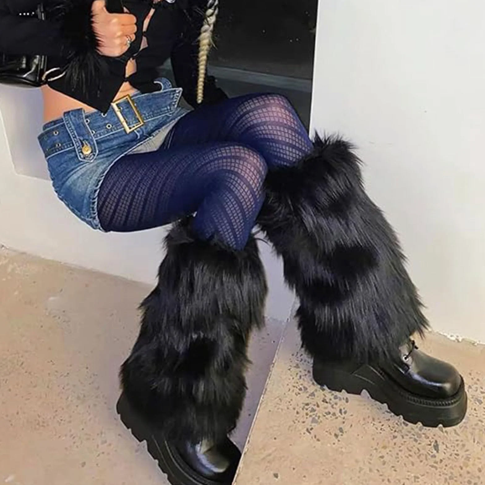 Ciepłe i puszyste legginsy, długie rękawy futrzane, ciepłe ochraniacze na buty dla kobiet i dziewcząt na imprezę z lat 80., festiwal, cosplay i na co dzień zimowy (czarne)