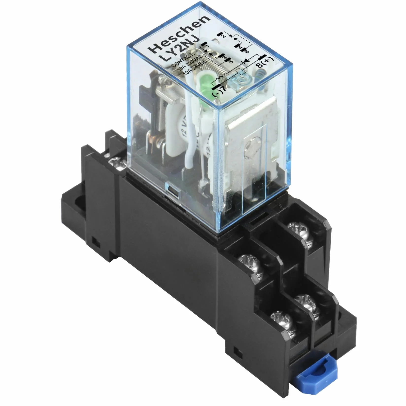 Heschen Przekaźnik uniwersalny LY2NJ, cewka 12 VDC, 10 A 24 VDC/220 VAC, DPDT, wyświetlacz LED, z podstawą cokołu