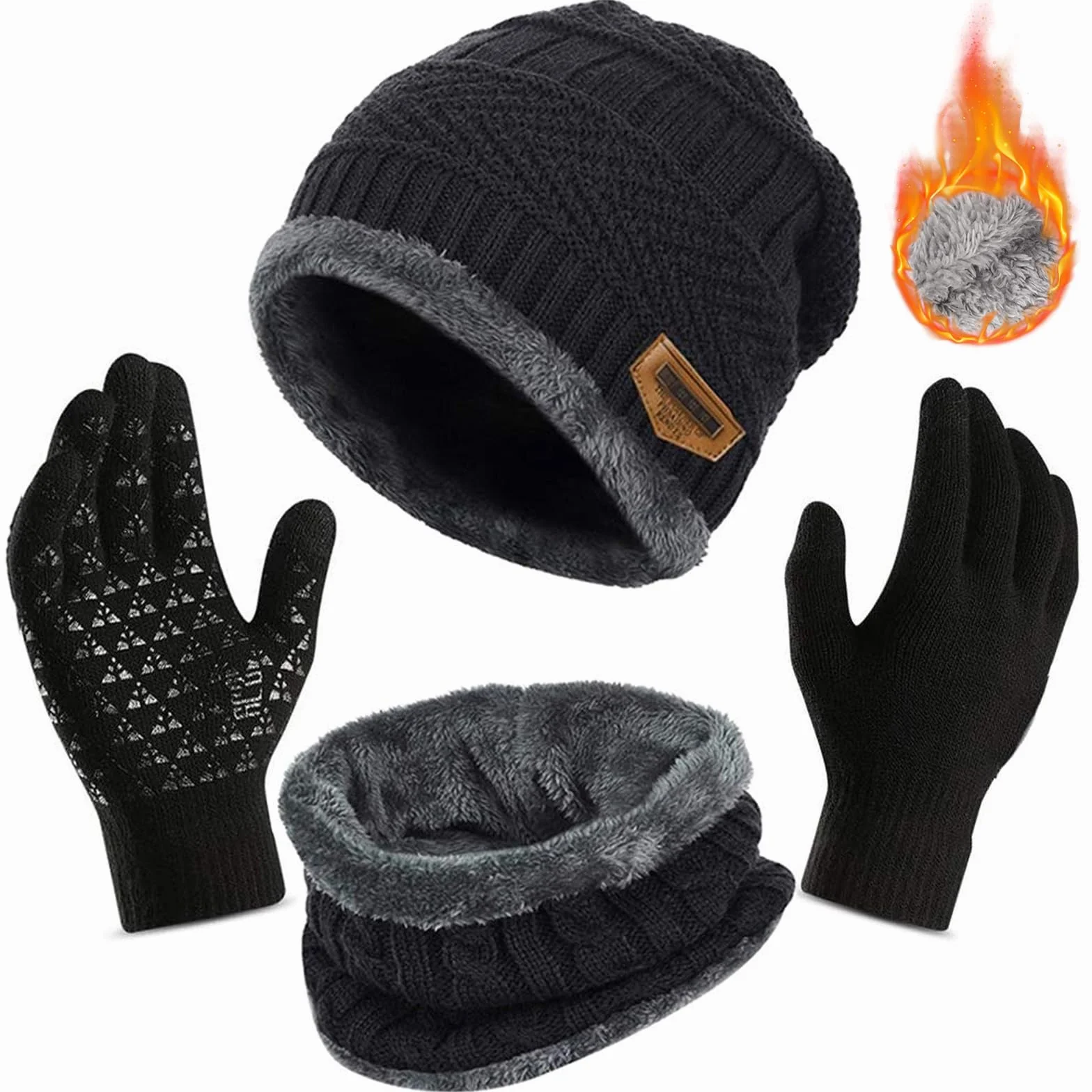 Czapka zimowa szalik rękawiczki 3 w 1 zestaw, dzianinowa czapka beanie, okrągły szalik, antypoślizgowa rękawica do ekranu dotykowego