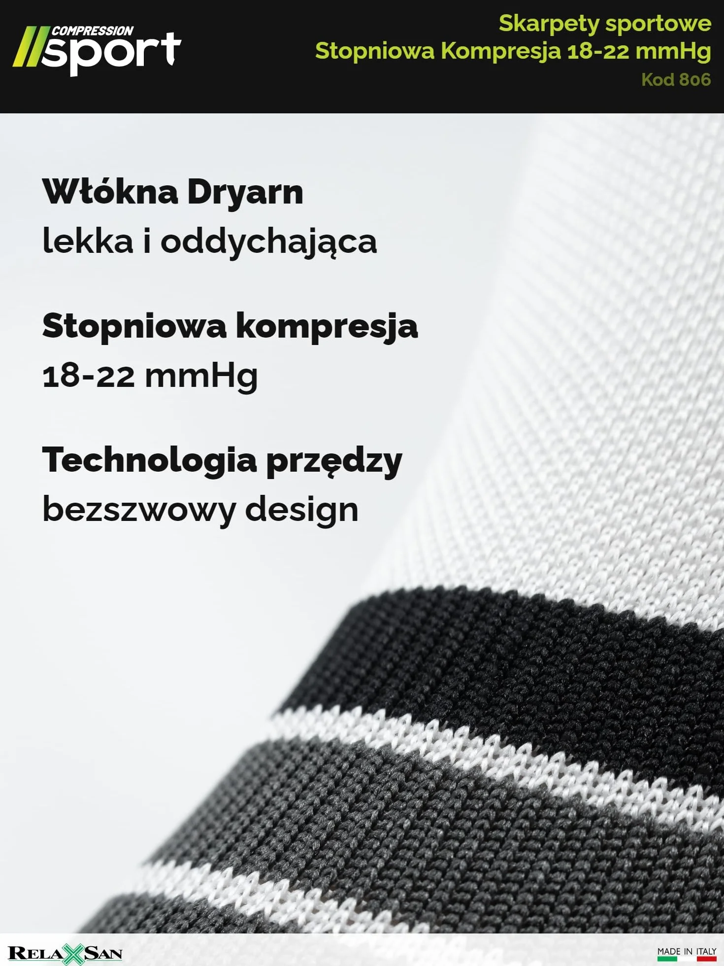 Relaxsan Skarpety Kompresyjne Sportowe dla Mężczyzn i Kobiet, 18-22 mmHg, Oddychające, Made in Italy, 806