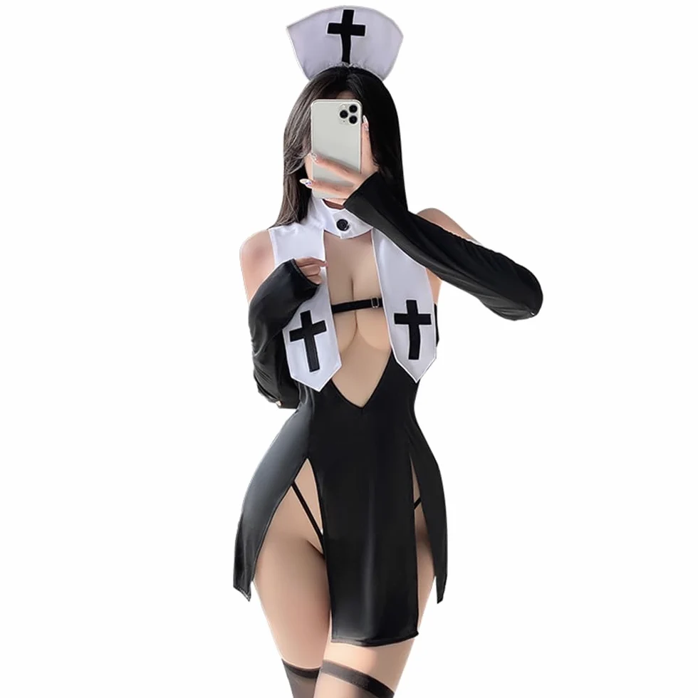 Damska bielizna cosplay zakonnica psotna anime pokojówka wysoka rozcięcie seksowna sukienka
