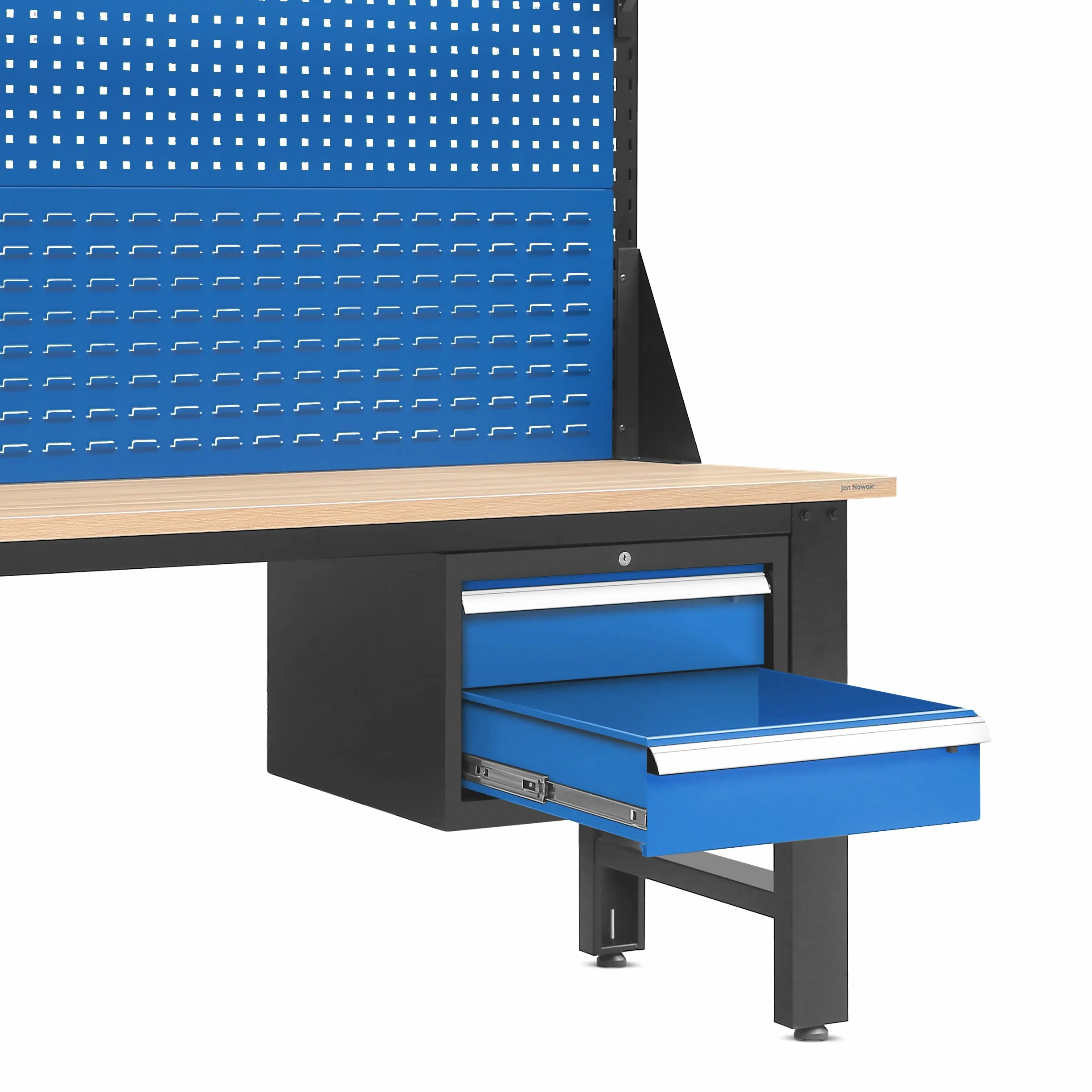 Jan Nowak Stół Warsztatowy Narzędziowy Metalowy z Tablicą Perforowaną na Narzędzia LOGAN | Solidny Blat 2 Szuflady Regulowane Nogi Stelaż na Lampę | 170 cm x 150 cm x 75 cm (Antracytowo-Niebieski)