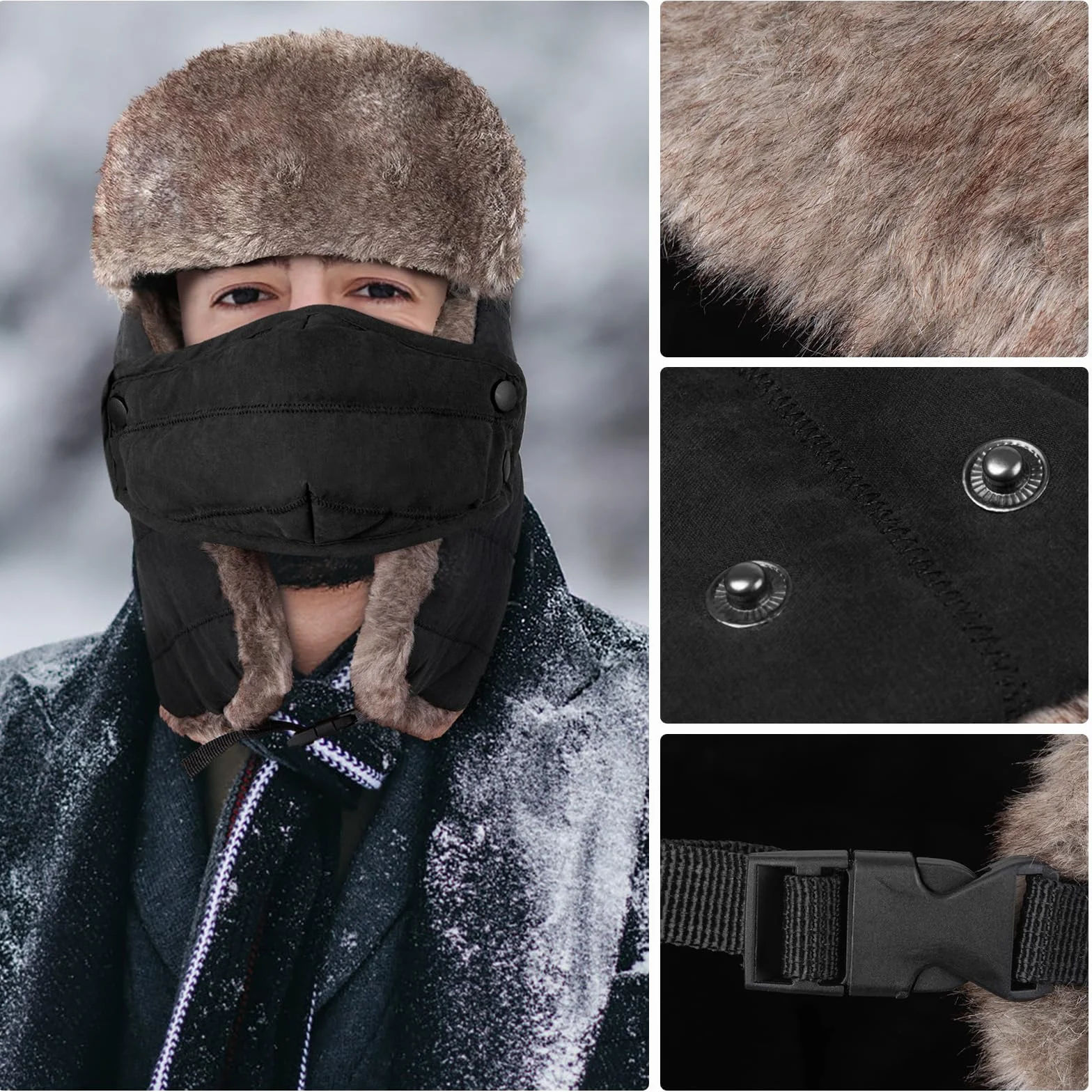 Czapka traperska ciepła czapka zimowa dla mężczyzn kobiet z maską uszanka rosyjska czapka narciarska czapka myśliwska na zimną pogodę na zewnątrz czarna, czarna, X-Large-3XL, Czarny,