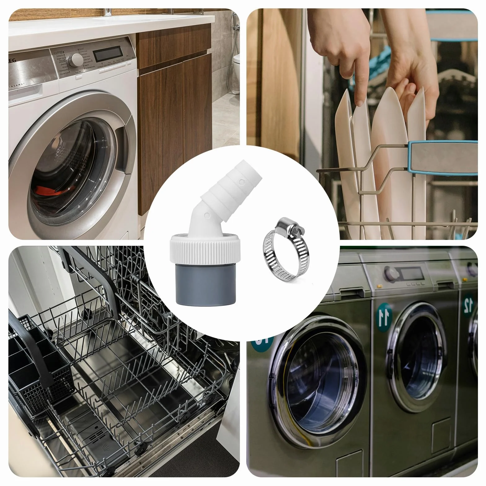 Adapter odpływowy do pralki 18-24 mm – przyłącze do pralki, adapter odpływu zmywarki, końcówka węża odpływowego z obejmami do zmywarki do naczyń, suszarek, pralek
