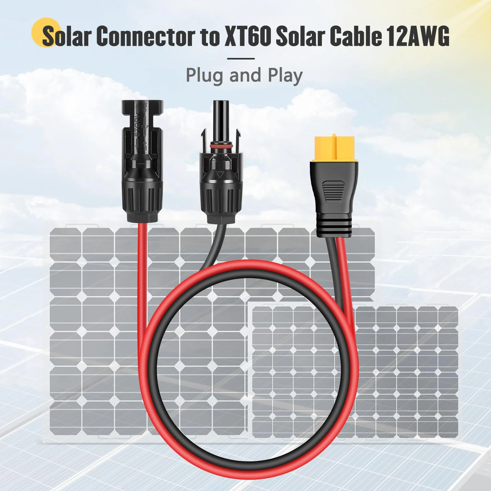 Thlevel Solarny kabel do ładowania z wtyczką solarną na XT60, 300 cm, 12 AWG, kabel adapterowy, panel słoneczny, kabel do generatora solarnego, baterii, przenośna stacja zasilania