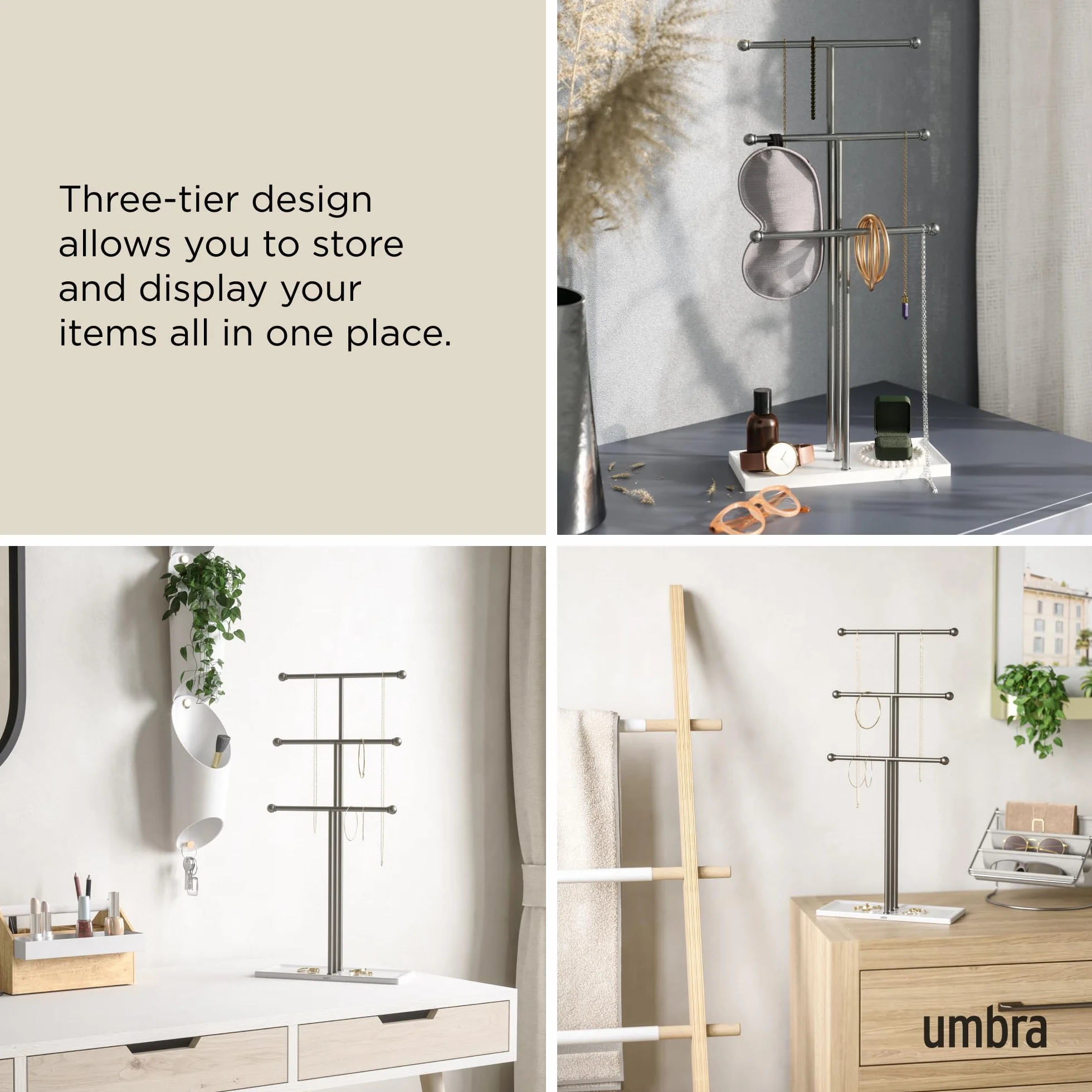Umbra Trigem Organizer na Biżuterię, Srebrny/Biały, 23 x 10 x 48 cm