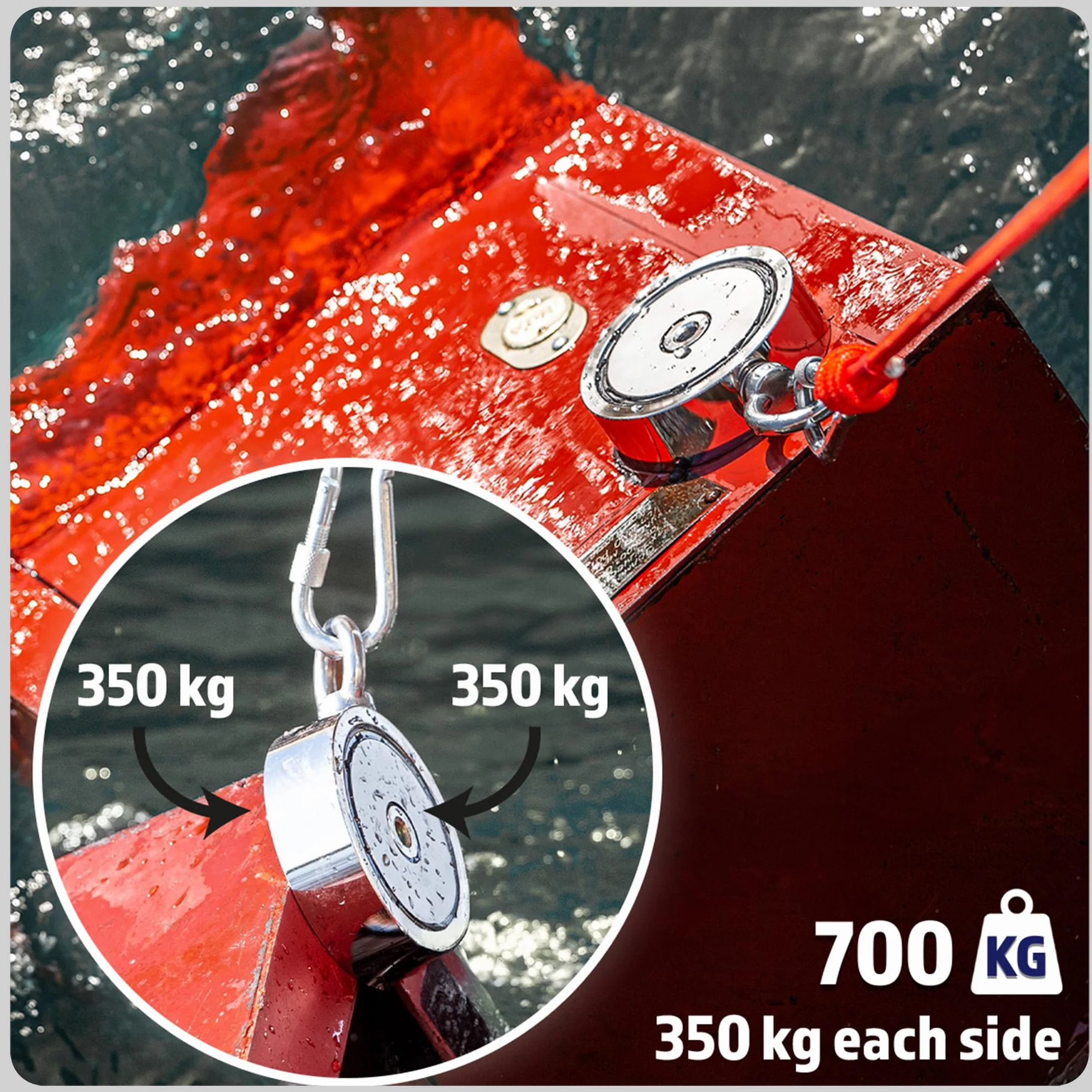 MAGFISHION Dwustronny Zestaw do Magnetycznego Wędkarstwa - Siła Przyciągania 700KG (2x 350KG) - Ø94mm - Magnes Neodymowy z 2 Linami, Hak Grabiący & Rękawice - Magnes Ryba