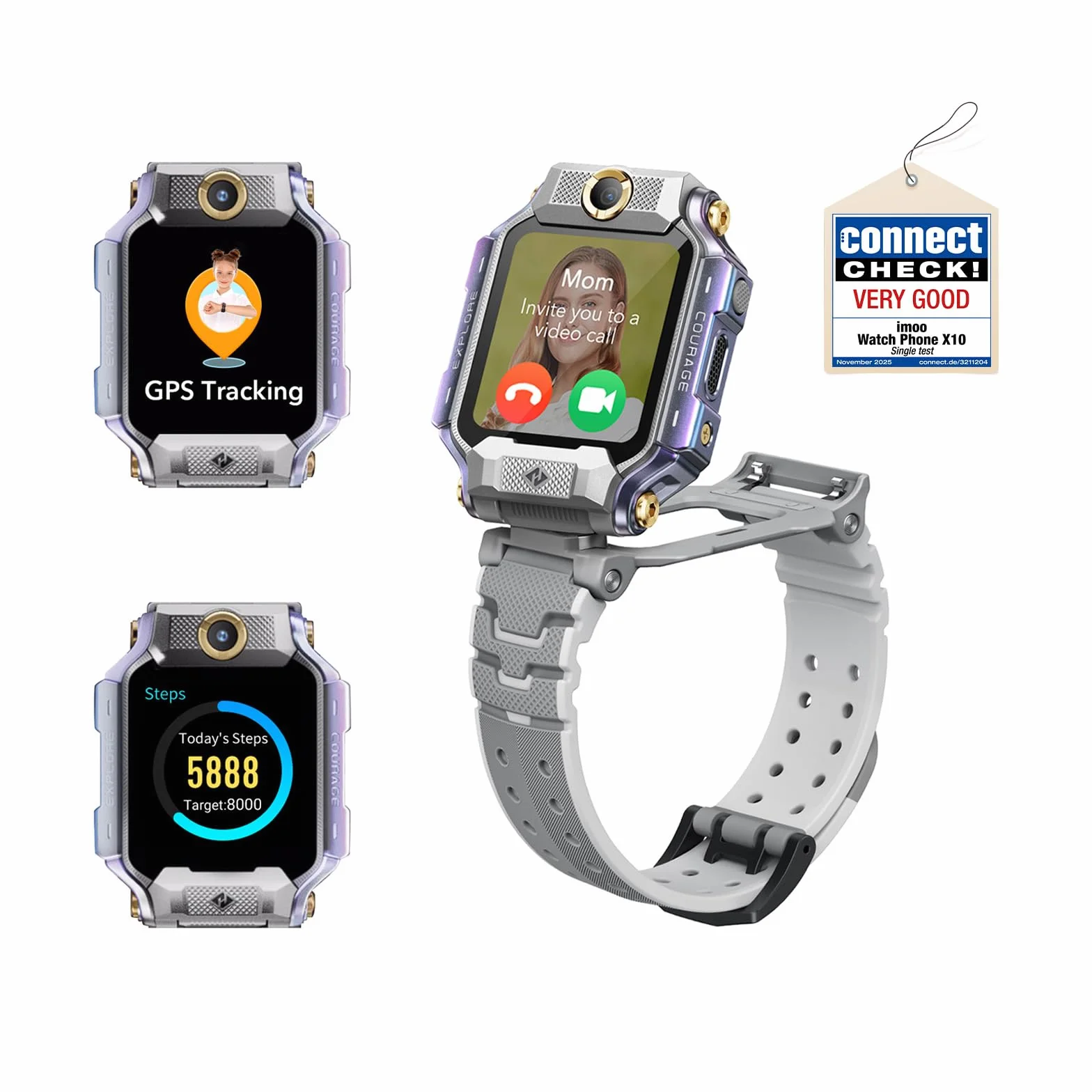 imoo X10 Smartwatch dla dzieci z kartą SIM, 4G LTE, podwójny aparat, 1,6", szeroki kąt widzenia 98°, ochrona przed wstrząsami, 32 GB ROM, SOS (szary)