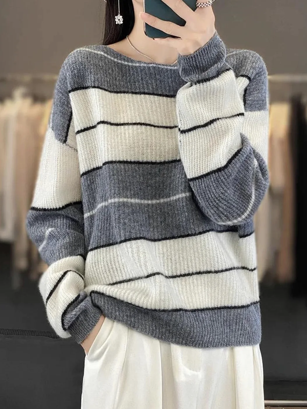 Damski sweter z długim rękawem oversize sweter z wełny merynosów w paski na co dzień kaszmirowa dzianina