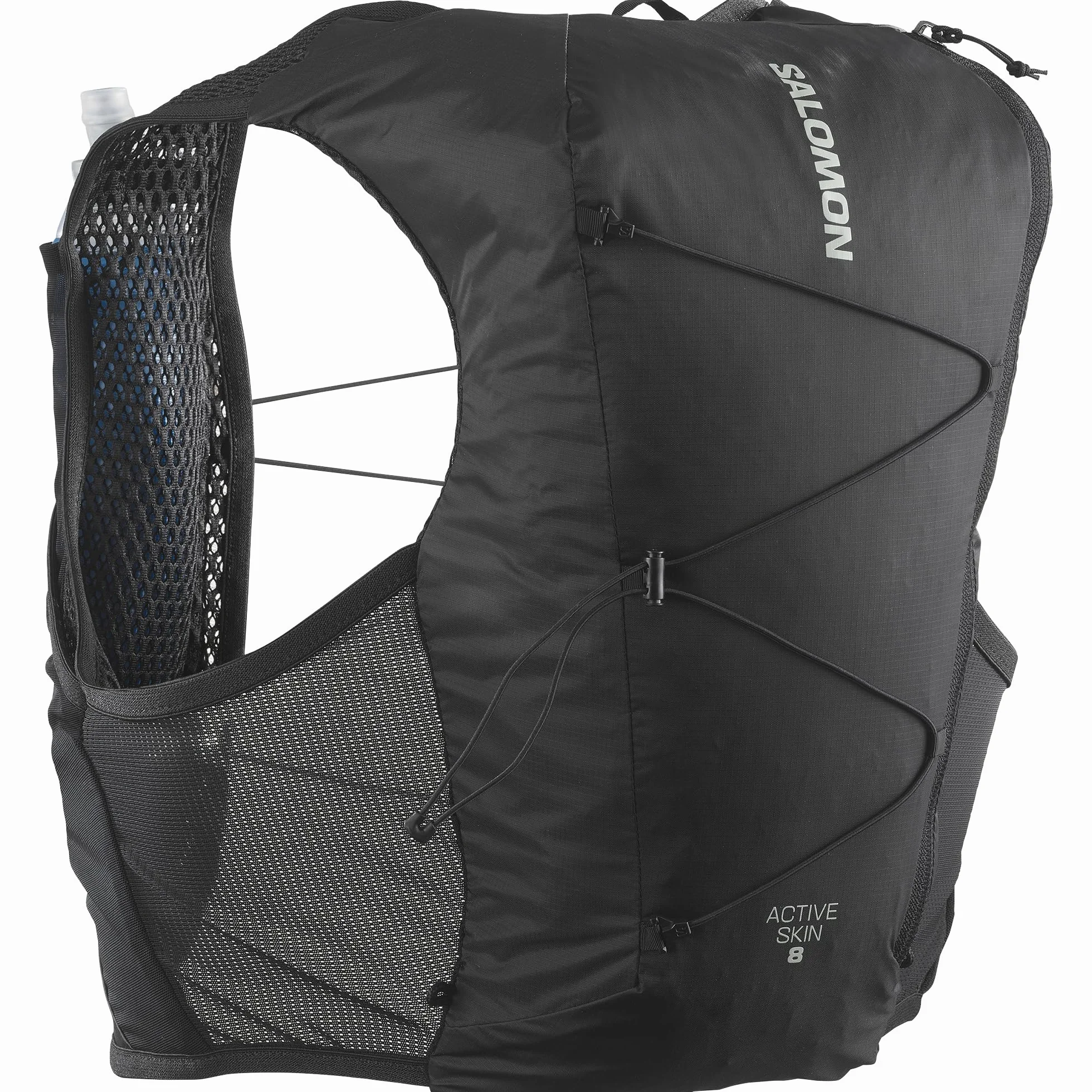 Salomon Active Skin 8 Unisex kamizelka nawadniająca do biegania szlak turystyczny z butelkami w zestawie, łatwe nawodnienie, precyzyjne dopasowanie 8 l i zoptymalizowane przechowywanie, czarna, L