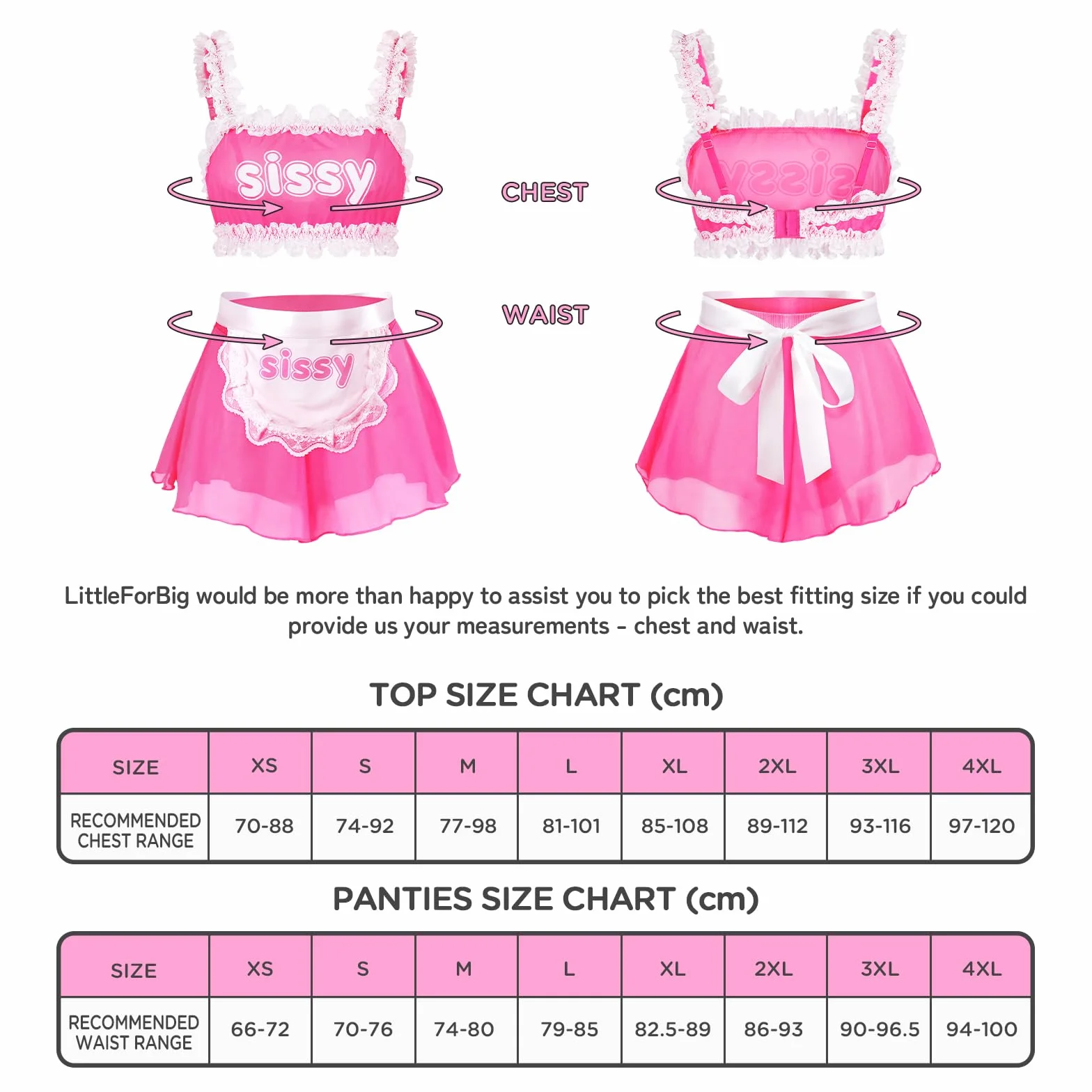 LittleForBig Unisex regulowana koronkowa bielizna nocna bielizna nocna z siateczki, odzież wypoczynkowa, Sissy Maid przezroczyste braletki rocked zestaw majtek ze zdejmowanym fartuchem
