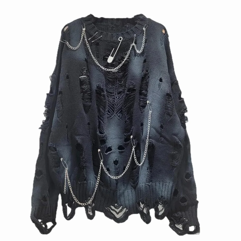 Damski gotycki sweter oversize z długim rękawem, wycięciami, okrągłym dekoltem, podarty sweter, bluza dziergana
