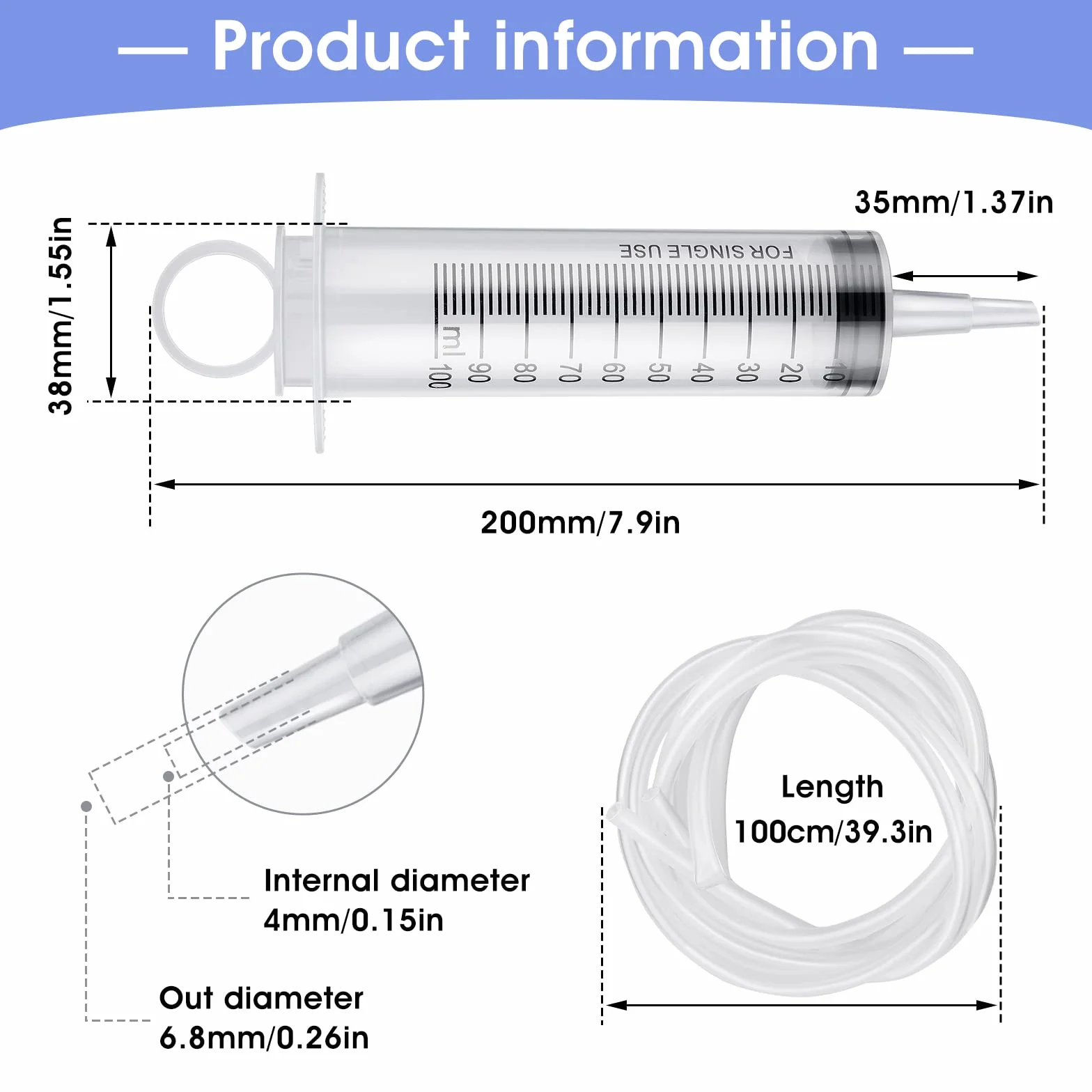 cobee Plastikowa strzykawka z tubką, duża, 100 ml, z wężem 130 cm, strzykawka do karmienia, podlewania, odmierzania składników odżywczych, do laboratoriów naukowych, eksperymentów z aplikacją kleju