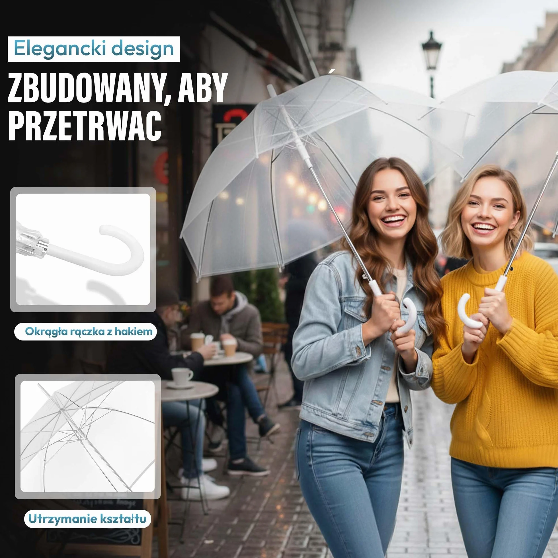 Parasol przezroczysty biała laska Ø 100-130 cm elegancki