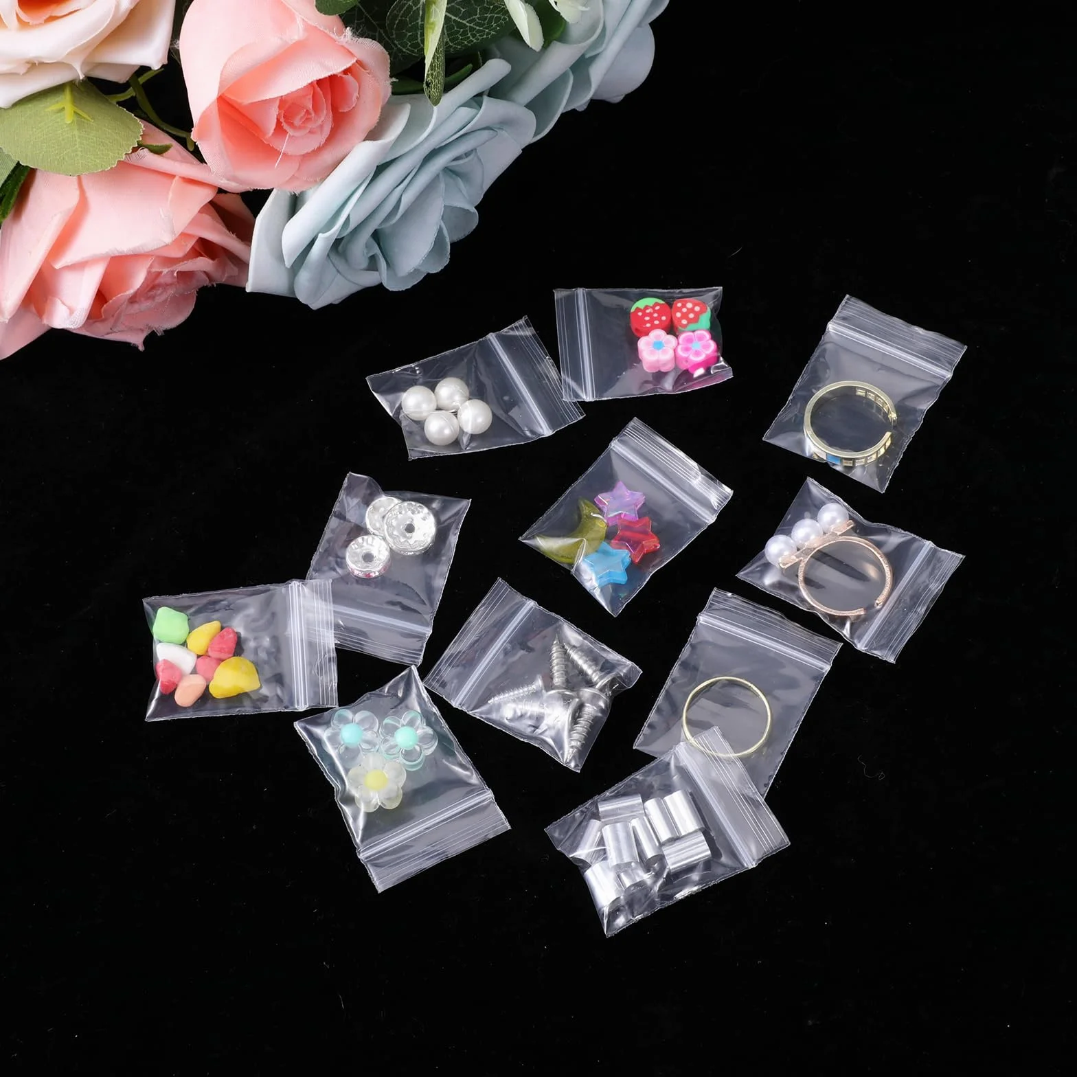 Prasacco 100 sztuk małych, przezroczystych torebek foliowych, torebka, zamykające się strunowym zamkiem, wielokrotnego użytku, 4 x 3 cm