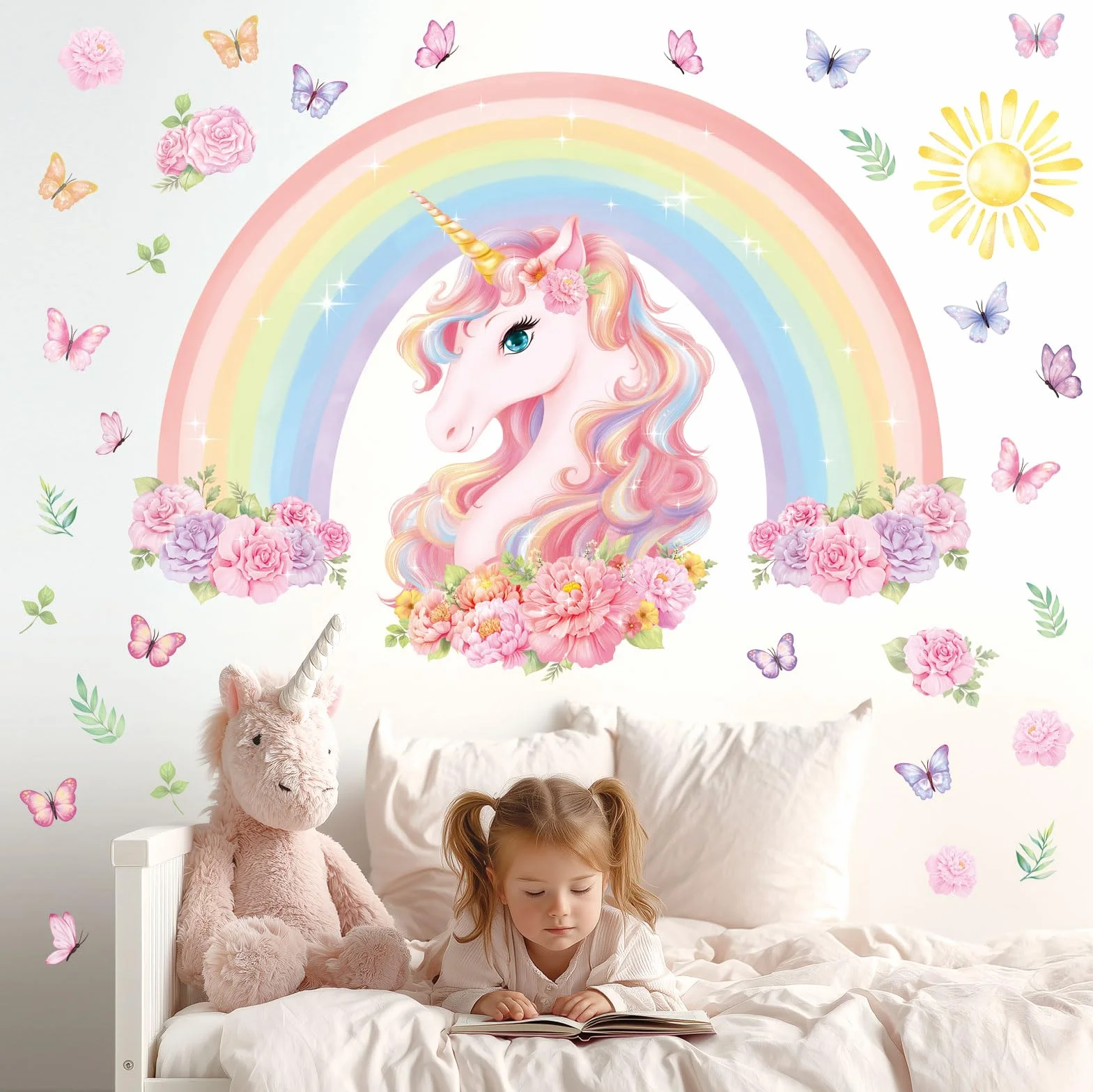 DECOWALL SG2-2413 duży tatuaż ścienny z tęczą i jednorożcem do pokoju dziecięcego, dekoracja do domu, sztuka, różowy, pokój dziewczynki, tęcza, sypialnia, kolorowe dekoracje, zwierzęta, pokój zabaw