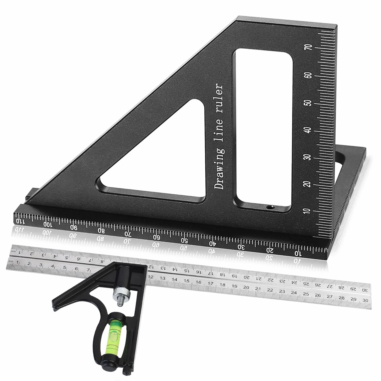 Kąt ciesielski, kąt łączony 300 mm z poziomicą, igła naciągowa + kąt nachylenia 3D, stop aluminium, dla ciesielców, dekarzy, inżynierów (czarny)