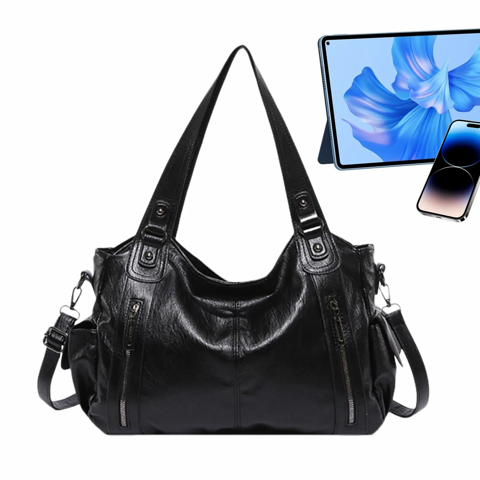 Torba materiałowa o dużej pojemności dla kobiet,Torba materiałowa o dużej pojemności | Torba na laptopa ze skóry PU,Casualowa torba materiałowa dla kobiet, modna torba na ramię, miękkie torby szkolne