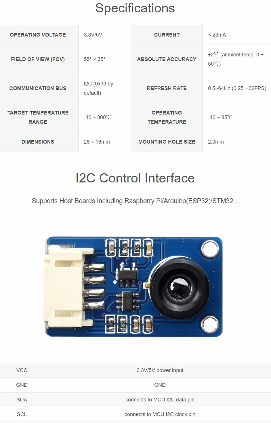 Waveshare MLX90640 IR Array Thermal Imaging Camera with 32×24 Pixels 55° Field of View Communicating via I2C Interface Supports Raspberry Pi/ESP32/STM32