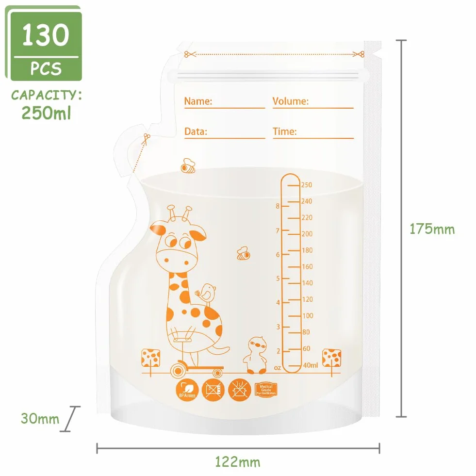 Aolso 130 torebek Worki na mleko z piersi, 250 ml, Torby do przechowywania mleka z piersi bez BPA do karmienia piersią, Torby do przechowywania mleka z piersi na mleko matki, szczelne torby na mleko