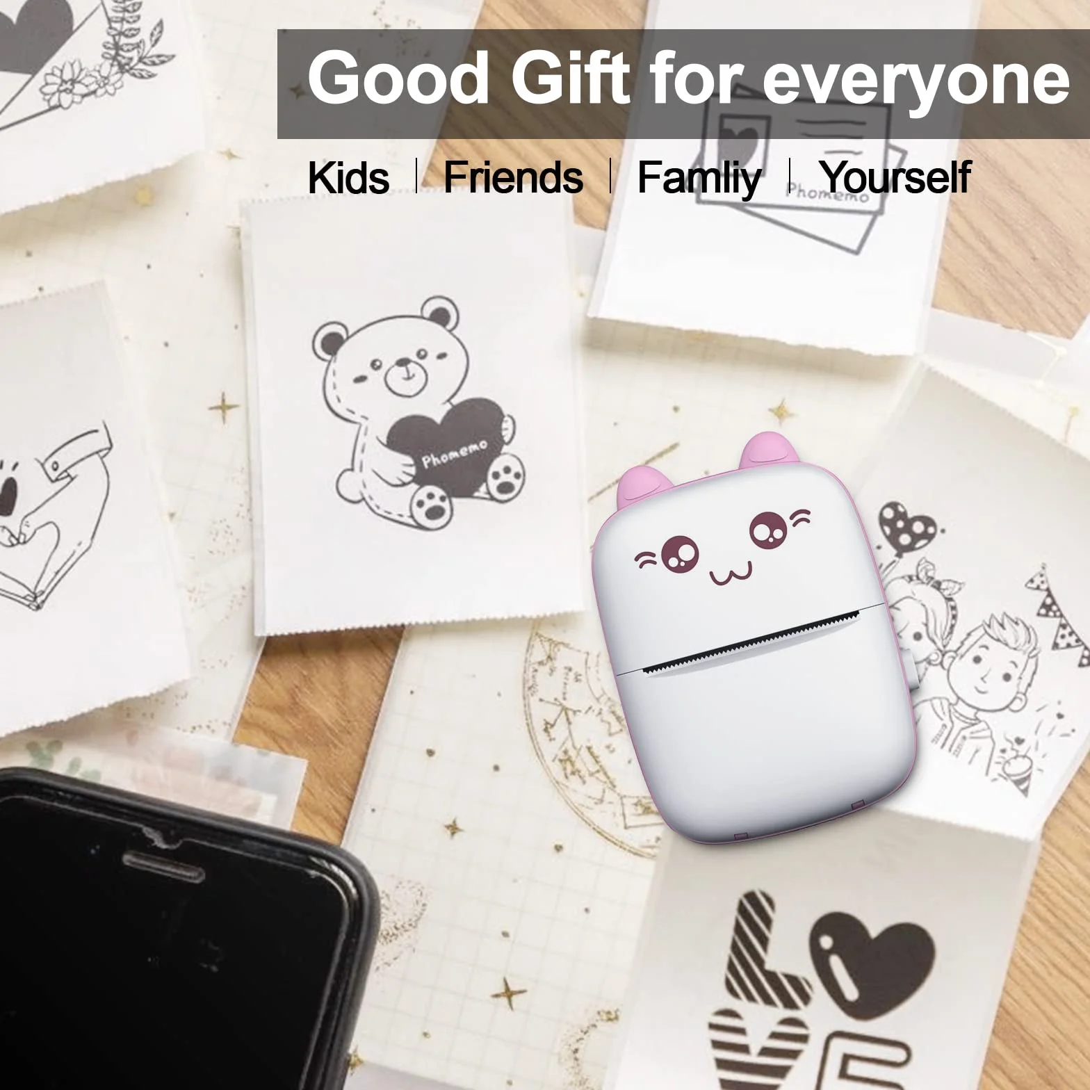 Przenośna drukarka do smartfonów, termiczna drukarka Bluetooth kompatybilna z iPhone iOS Android, mini drukarka do etykiet samoprzylepnych, schowek, naklejki DIY, kolorowanie, pamięć (różowa)