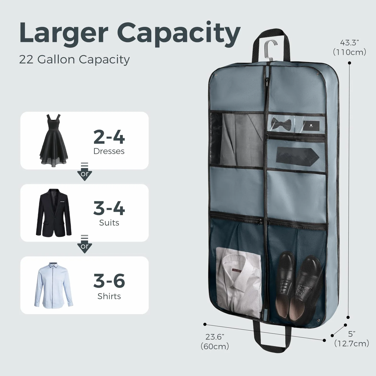 pack all Torba podróżna premium, 109 cm, wytrzymała, wisząca torba na garnitur, składana torba do przechowywania w szafie, pokrowiec ochronny na ubrania, koszule, sukienki, płaszcze (szara)