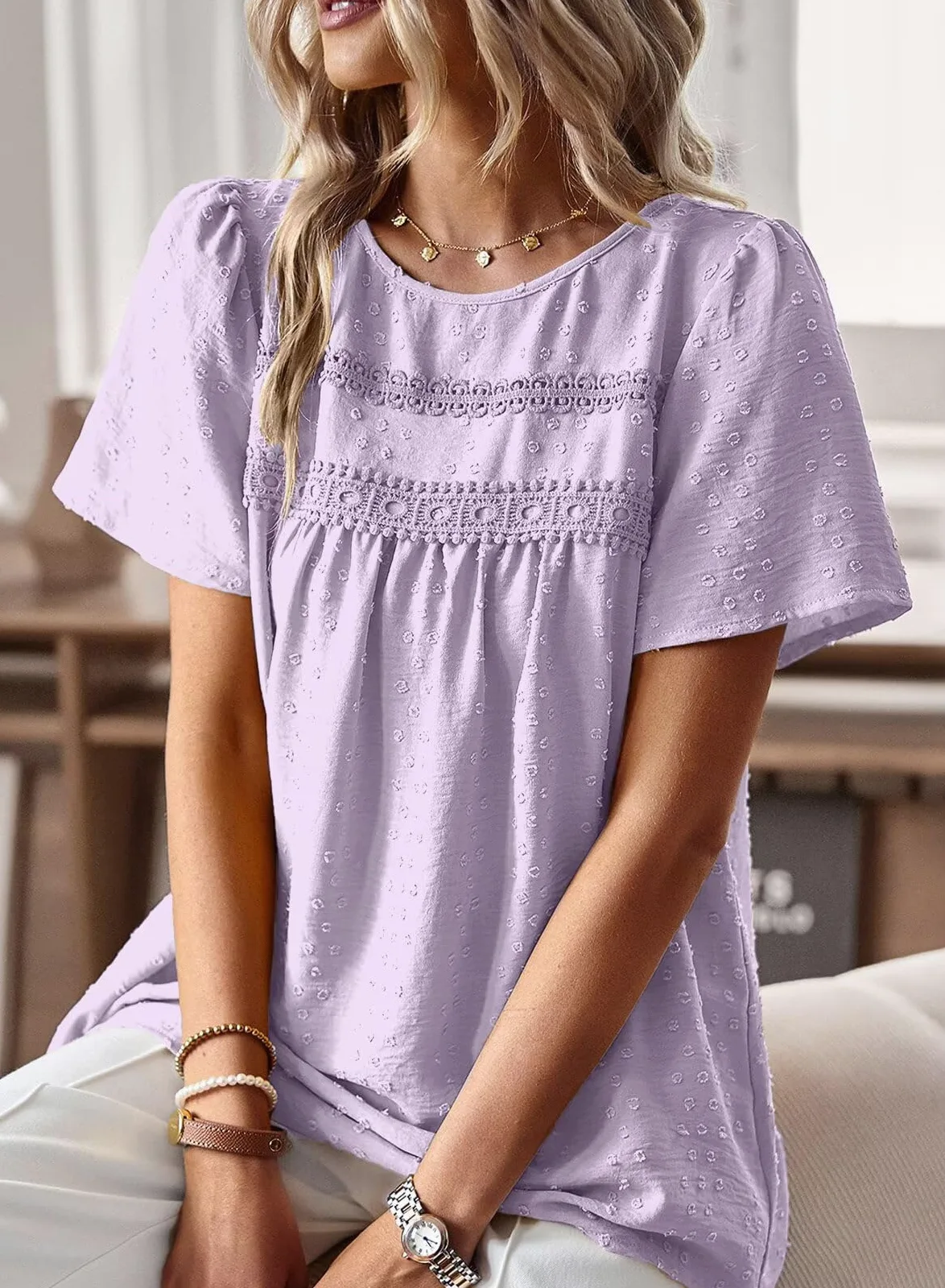 Top Damski Letni Bluzka Boho Z Krótkim Rękawem Elegancka Koszulka Z Okrągłym Dekoltem Swobodne Stroje Koronkowa Odzież