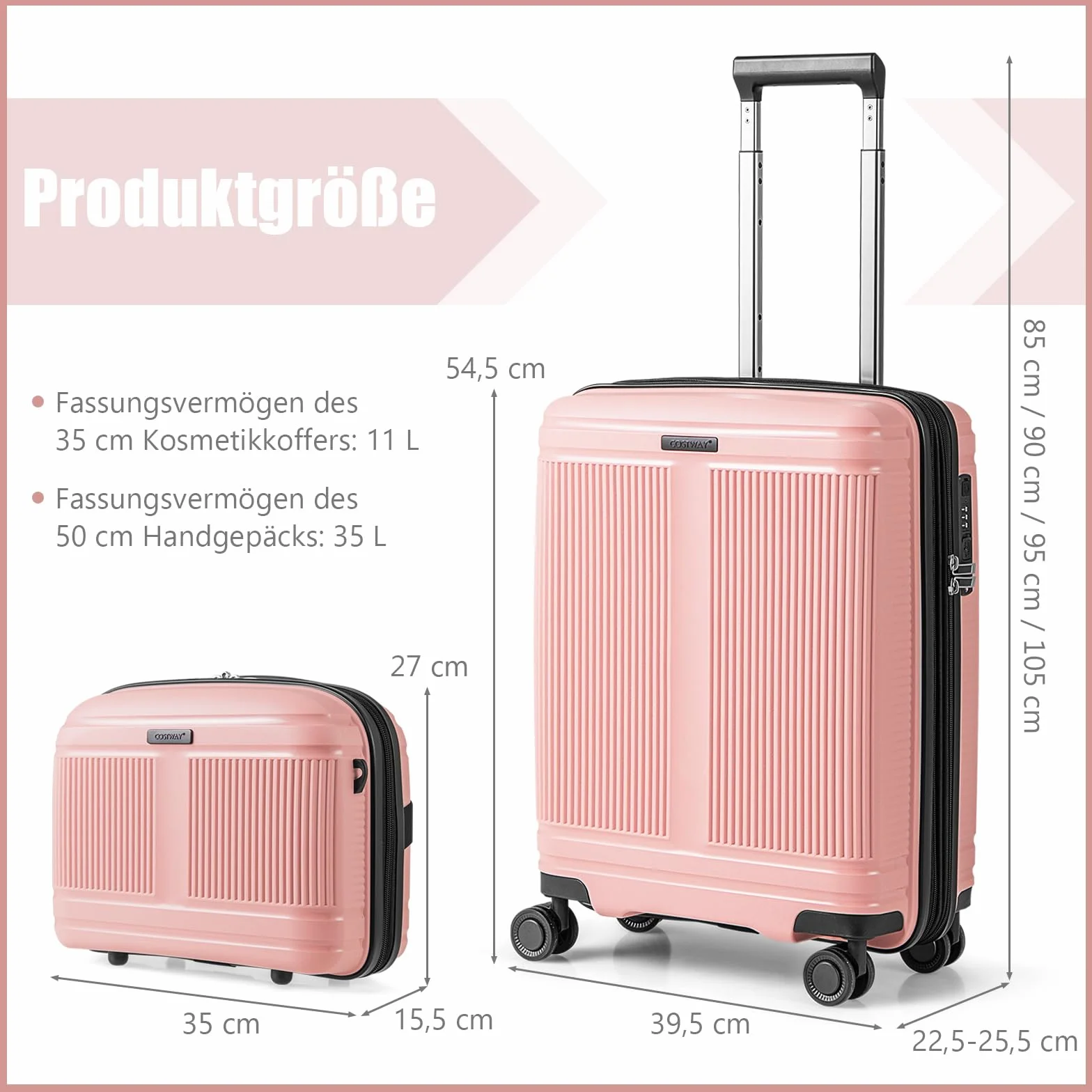 COSTWAY Zestaw bagażu 2-częściowy walizka podręczna 14" z zamkiem TSA port USB różowy 14" + 20"