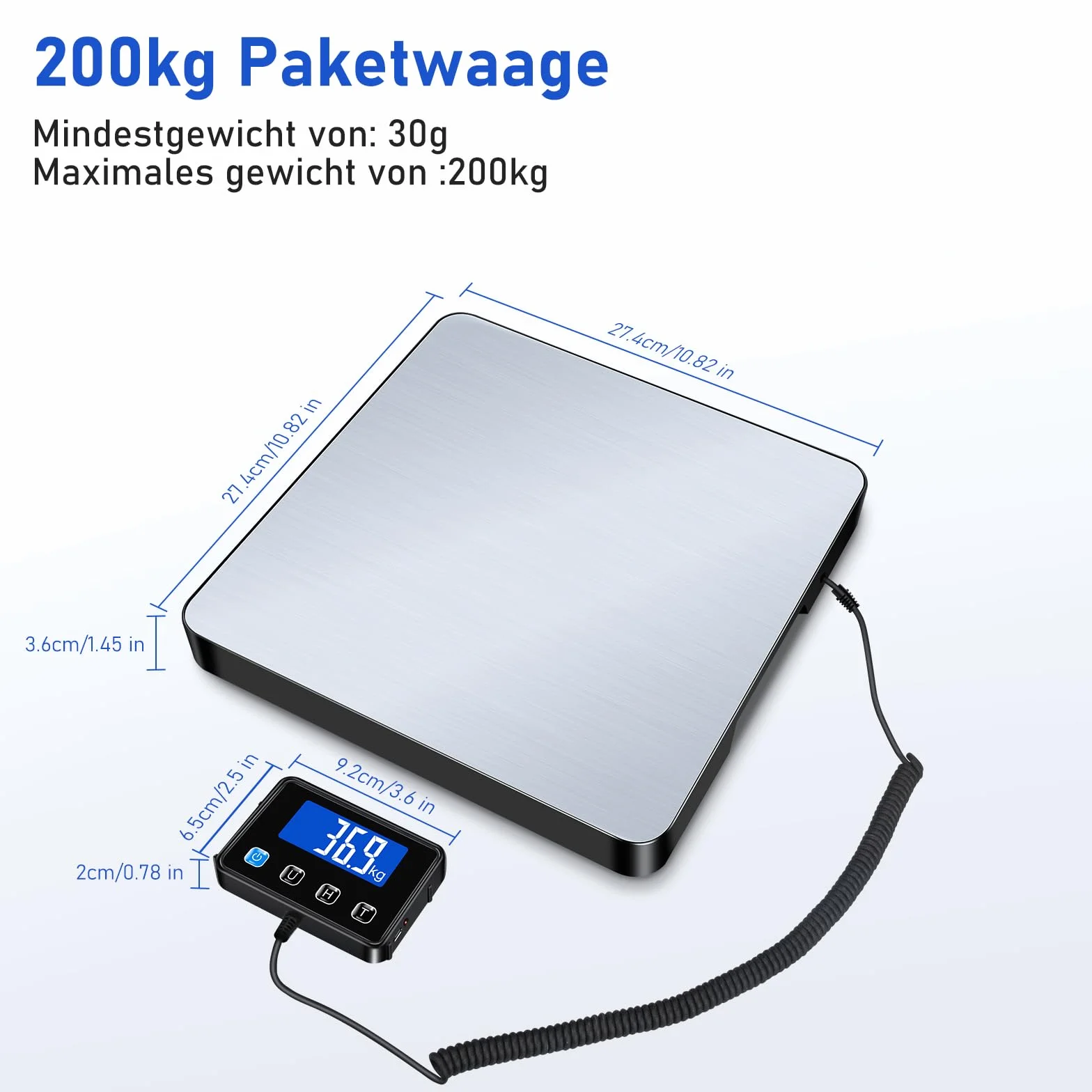Cyfrowa waga platformowa 200 kg/10 g z funkcją tary, wyświetlacz LCD do paczek i magazynu