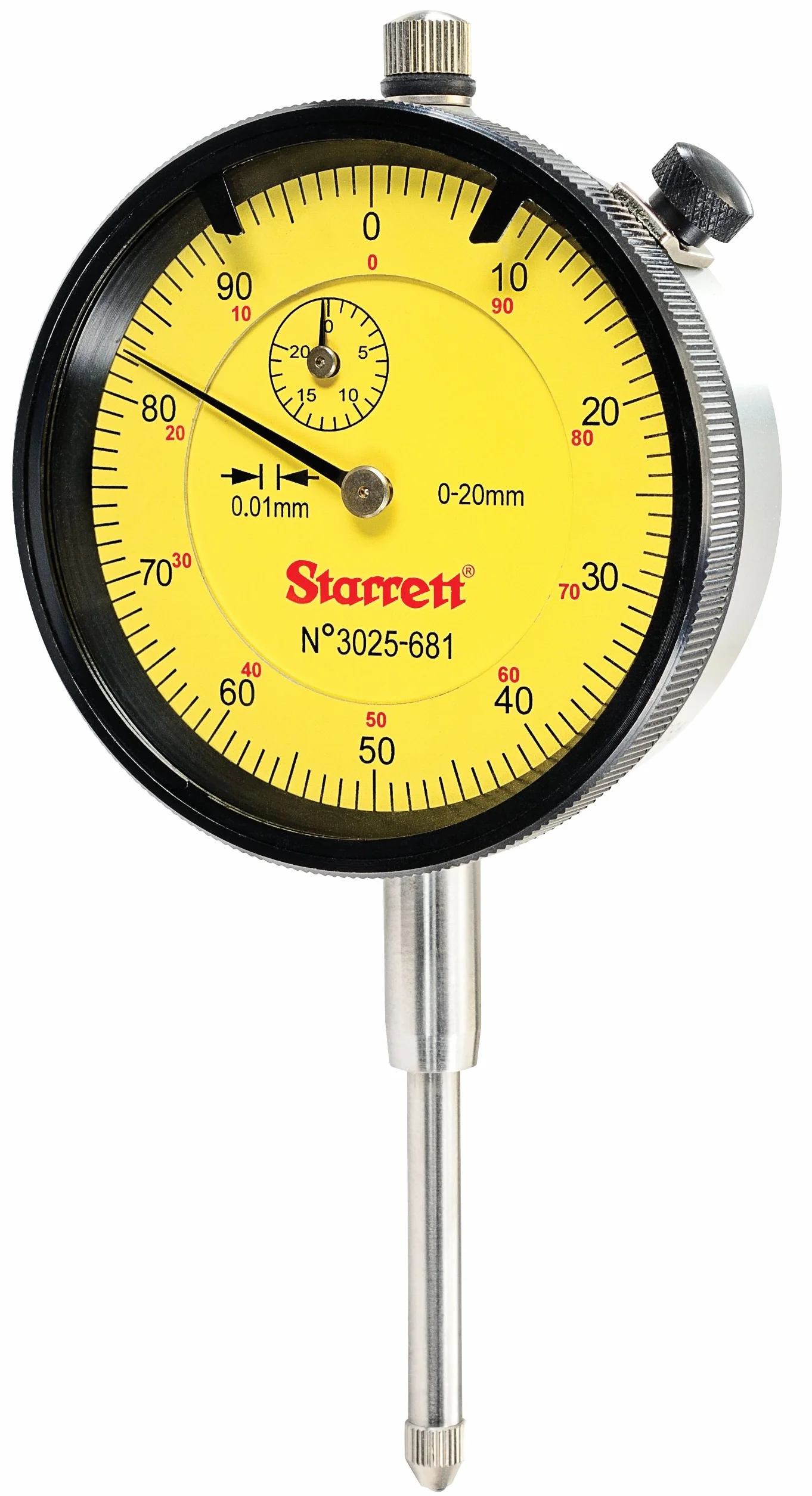 Starrett 3025-681 zegar pomiarowy, żółty brzeszczot, zakres pomiarowy 20 mm, skala 0,01 mm, skala podziałki 0-100