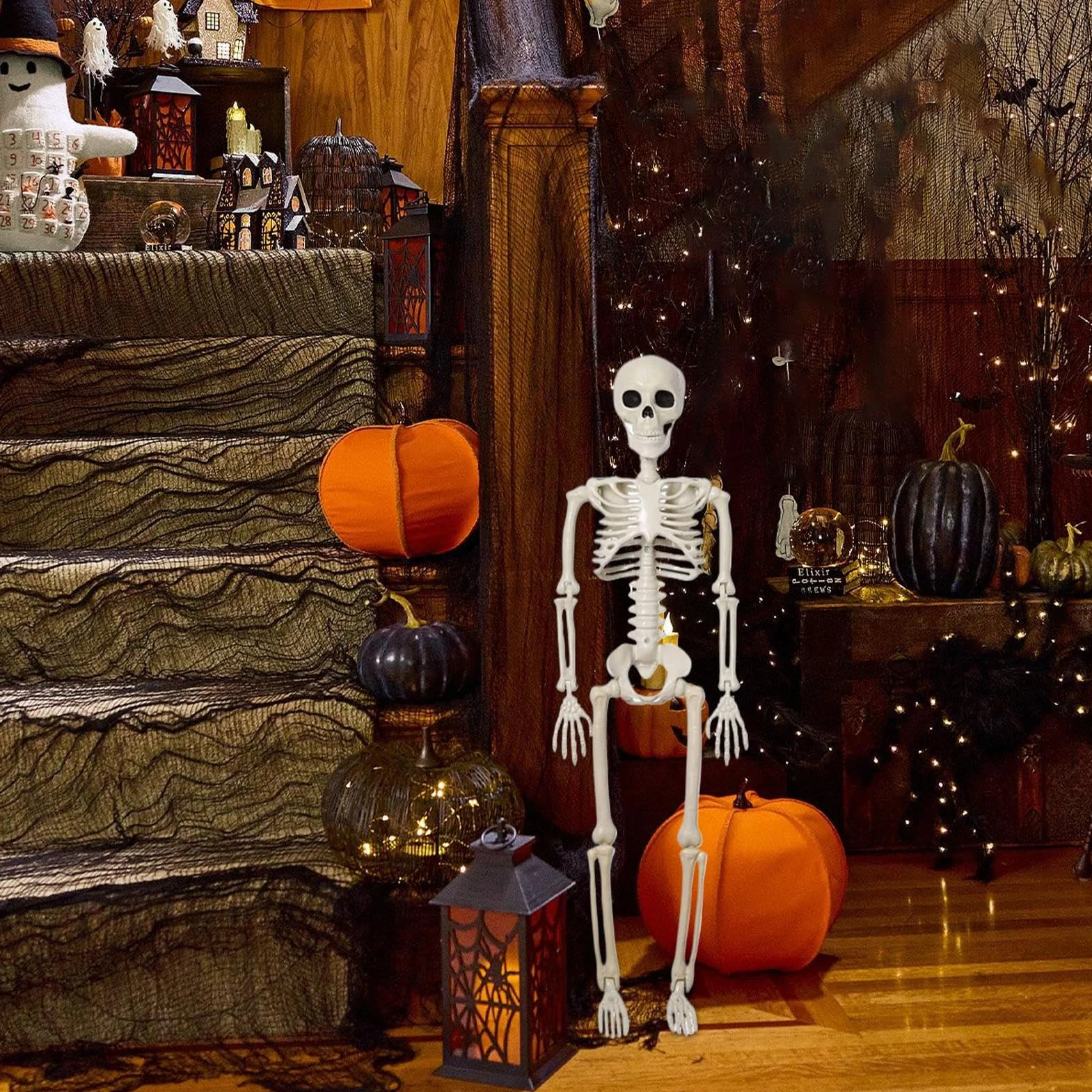 Dekoracja szkieletu – naturalnej wielkości Halloween szkielet dekoracja z ruchomymi przegubami – straszna czaszka ozdoba na grób do domu duchów, ogrodu, dekoracja stołu, na imprezę