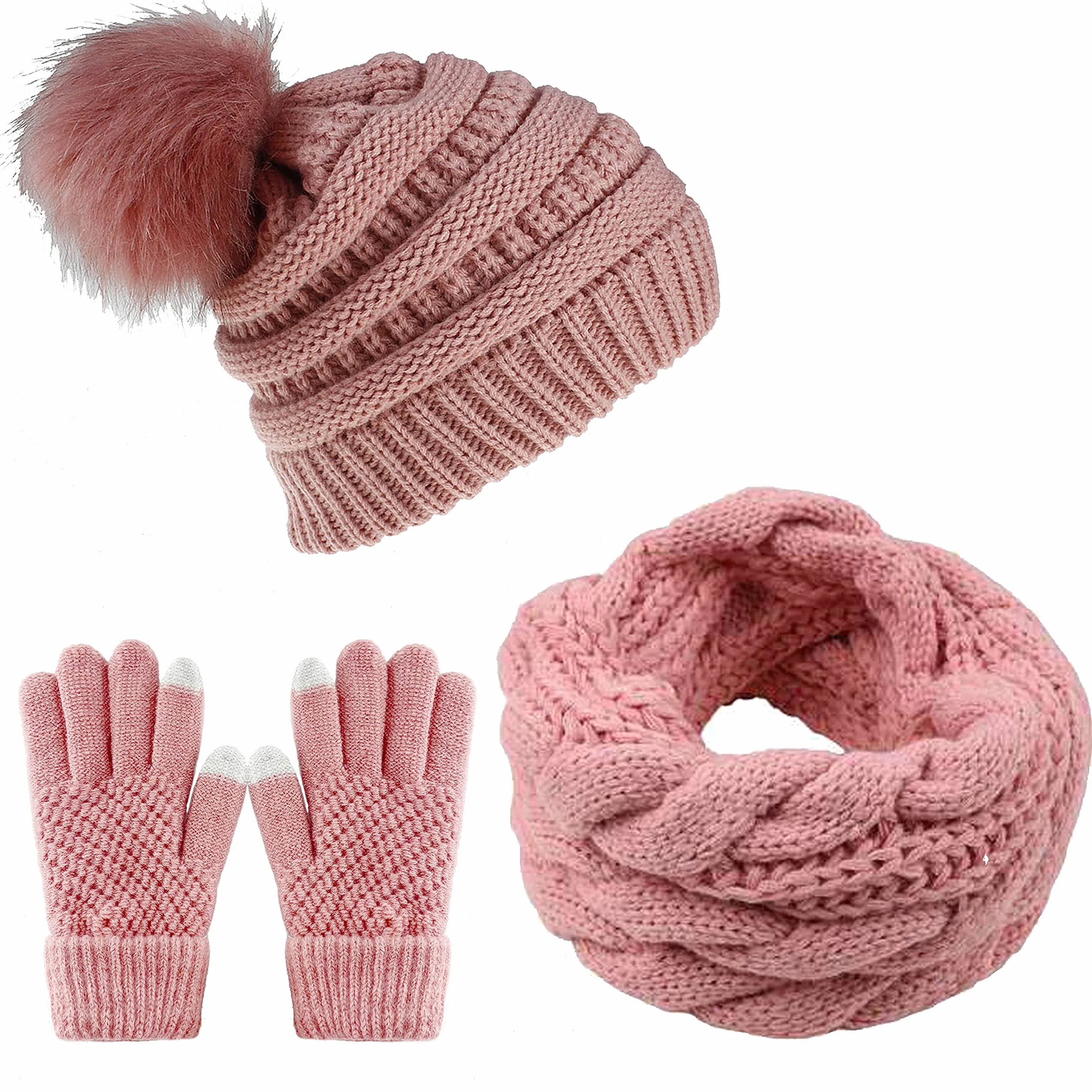 CheChury Czapka z dzianiny, czapka zimowa, szalik, zestaw beanie, dzianina polarowa, pompon, ekran dotykowy, rękawiczki, zestaw zimowy, szal kombi, zestaw pętli, gruby szal damski, prezent, akcesoria