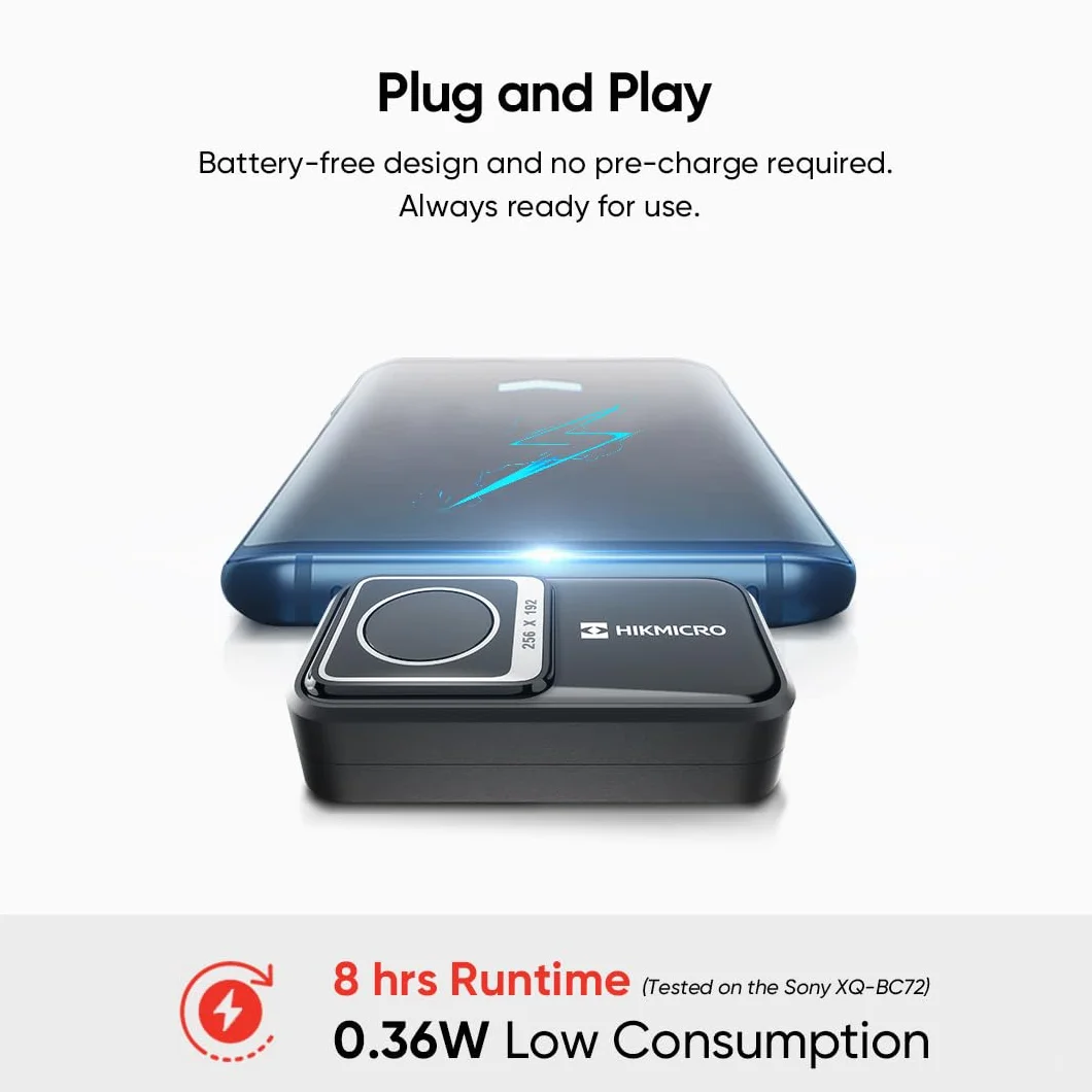 Kamera termowizyjna HIKMICRO Mini2 z systemem Android, rozdzielczość 256 x 192 podczerwieni, częstotliwość odświeżania 25 Hz, szeroki kąt 50°, 49 152 pikseli, -20°C do 350°C, USB-C (nie dla iPhone'a)