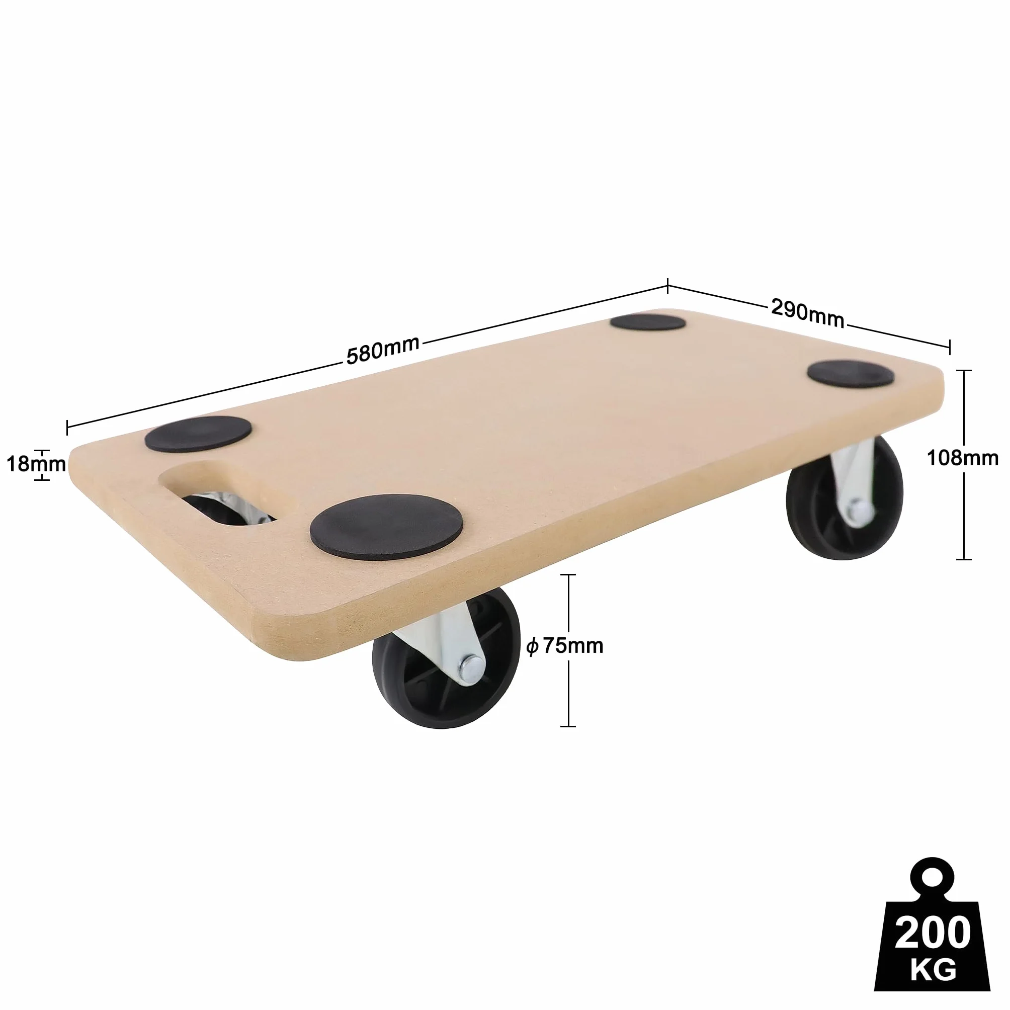 UISEBRT 2 rolki transportowe 580 x 290 x 108 mm, transport, z płyty MDF, do transportu mebli, do przeprowadzki, transportu mebli – nośność 200 kg