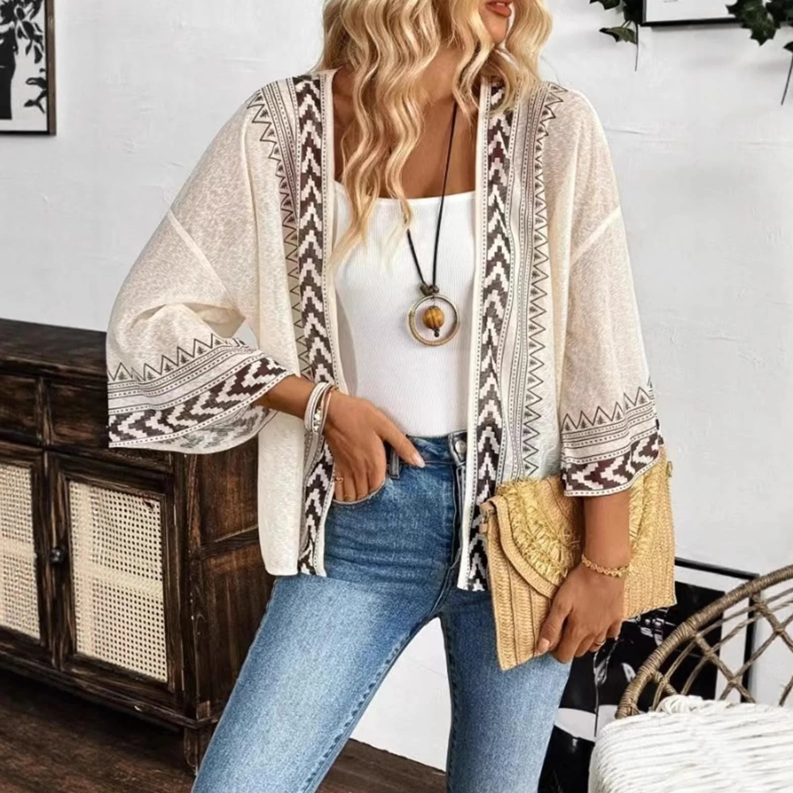 Boho Kimono Kardigan Damski Lekki Sheer Siatkowy Szyfonowy Okrycie, Geometryczny Nadruk Otwarty Przód Luźny Casual Szal Letni Top