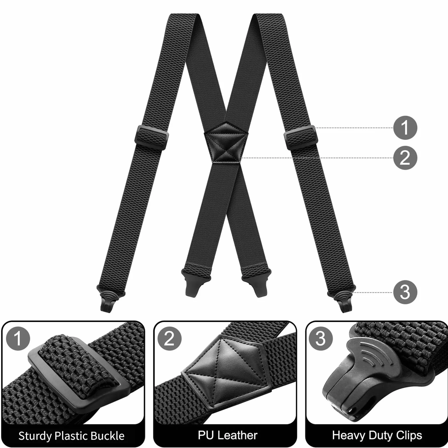 Suspenders for Men Heavy Duty 1,6 cala Wide Airport Friendly Hidden Suspenders with 4 Plastic Gripper Clasps Adjustable Elastic Braces for Casual Work X-Back czarne