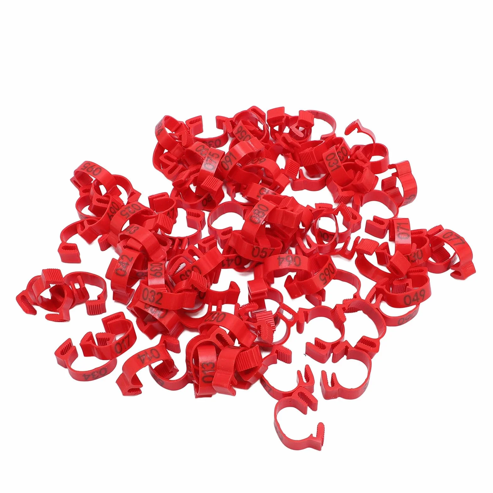 100 szt. plastikowych opasek na nogi z identyfikacją kurczaka, 20 mm od 001 do 100 numerowanych pasków na udka drobiu dla kaczek, piskląt, gęsi, ptactwa żółtego, indyka (czerwone)
