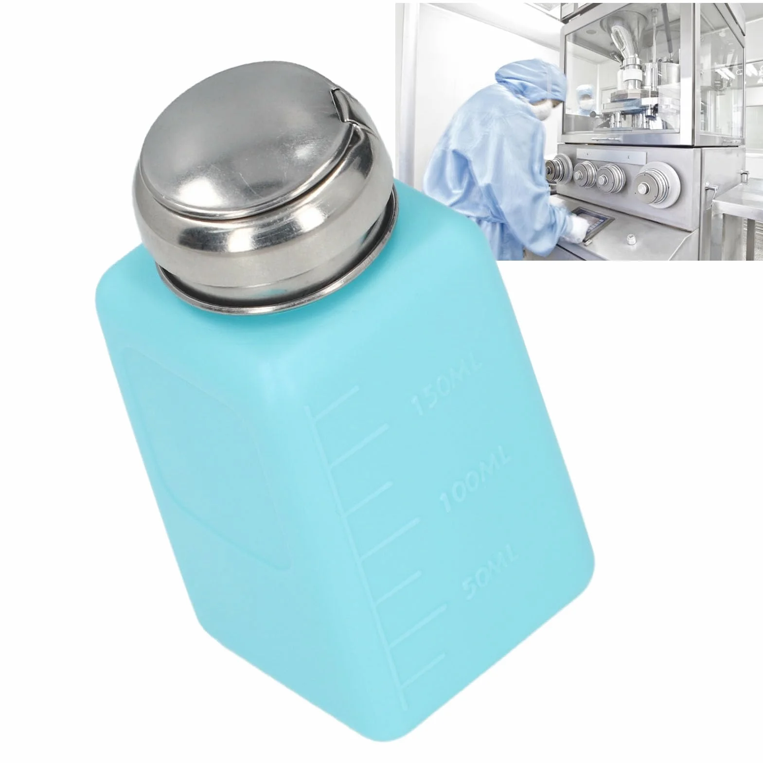 200ML Press Type Dozownik Rozpuszczalnika Push-Type Antystatyczna Butelka Alkoholu ESD Bezpieczna Antystatyczna Kwadratowa Butelka z Pokrywką ze Stali Nierdzewnej(niebieski)