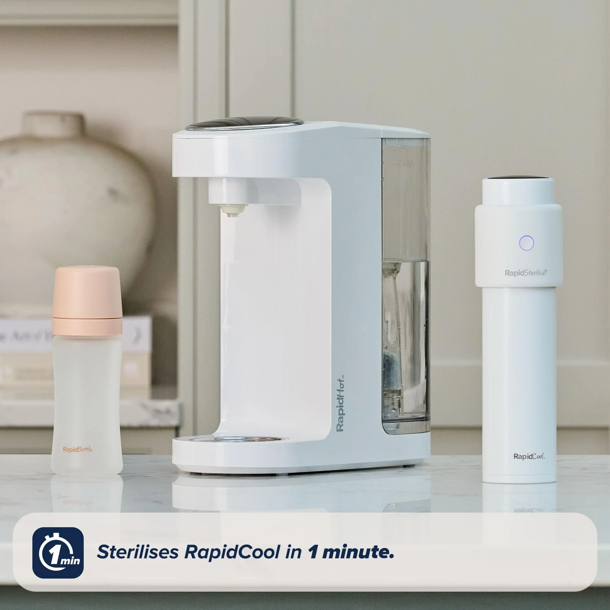 Nuby RapidSterilise+ przenośny sterylizator UV dla niemowląt, stworzony dla RapidBottle i RapidCool - 30 zastosowań na ładowanie, ładowanie przez USB, automatyczne wyłączanie, zabija 99,9% bakterii w