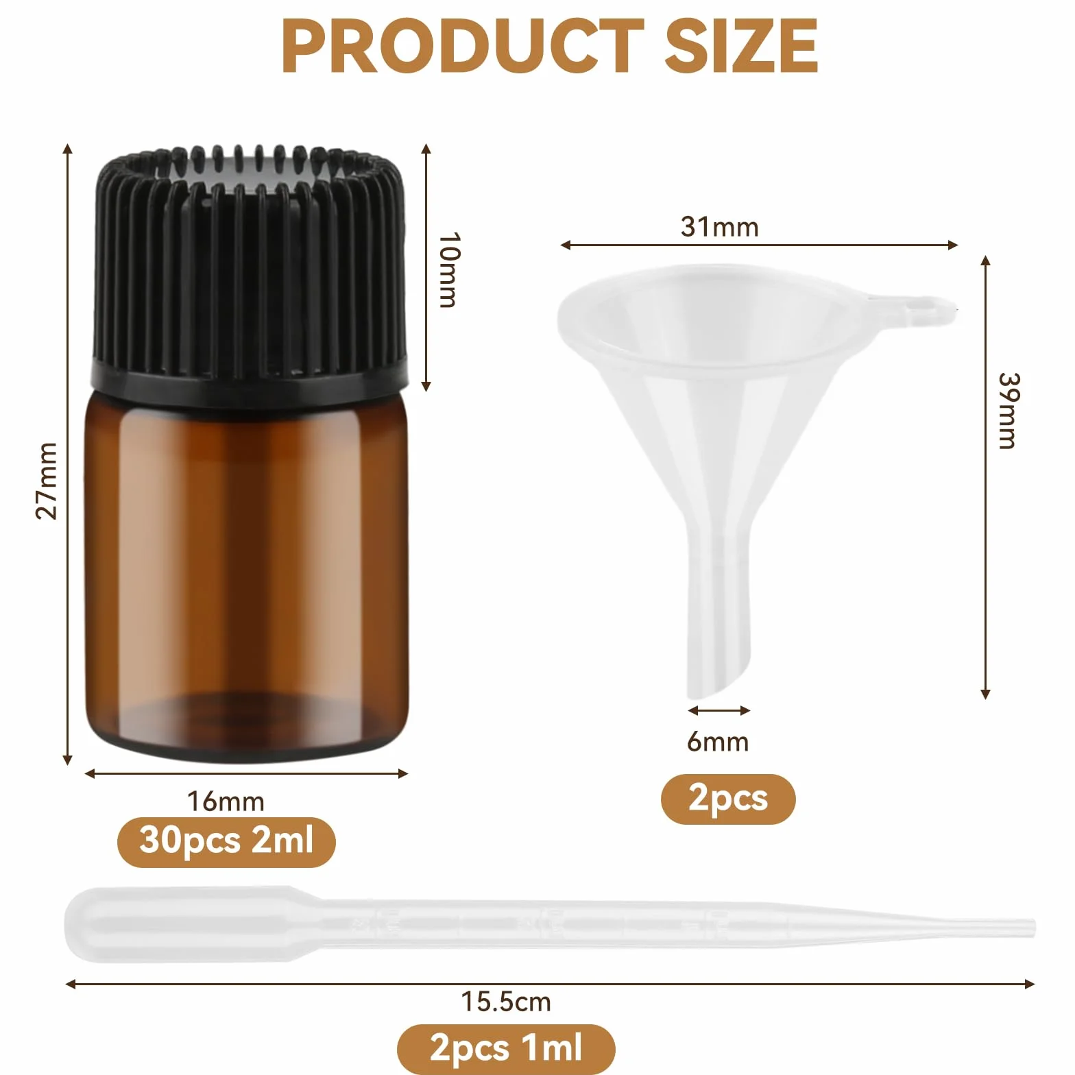 RVLZKCPG Mini butelki z kroplomierzem, 30 sztuk, szklane buteleczki na olejki eteryczne, 2 ml, z brązowego szkła, z reduktorem Orifice, mini butelki do napełniania lejkami
