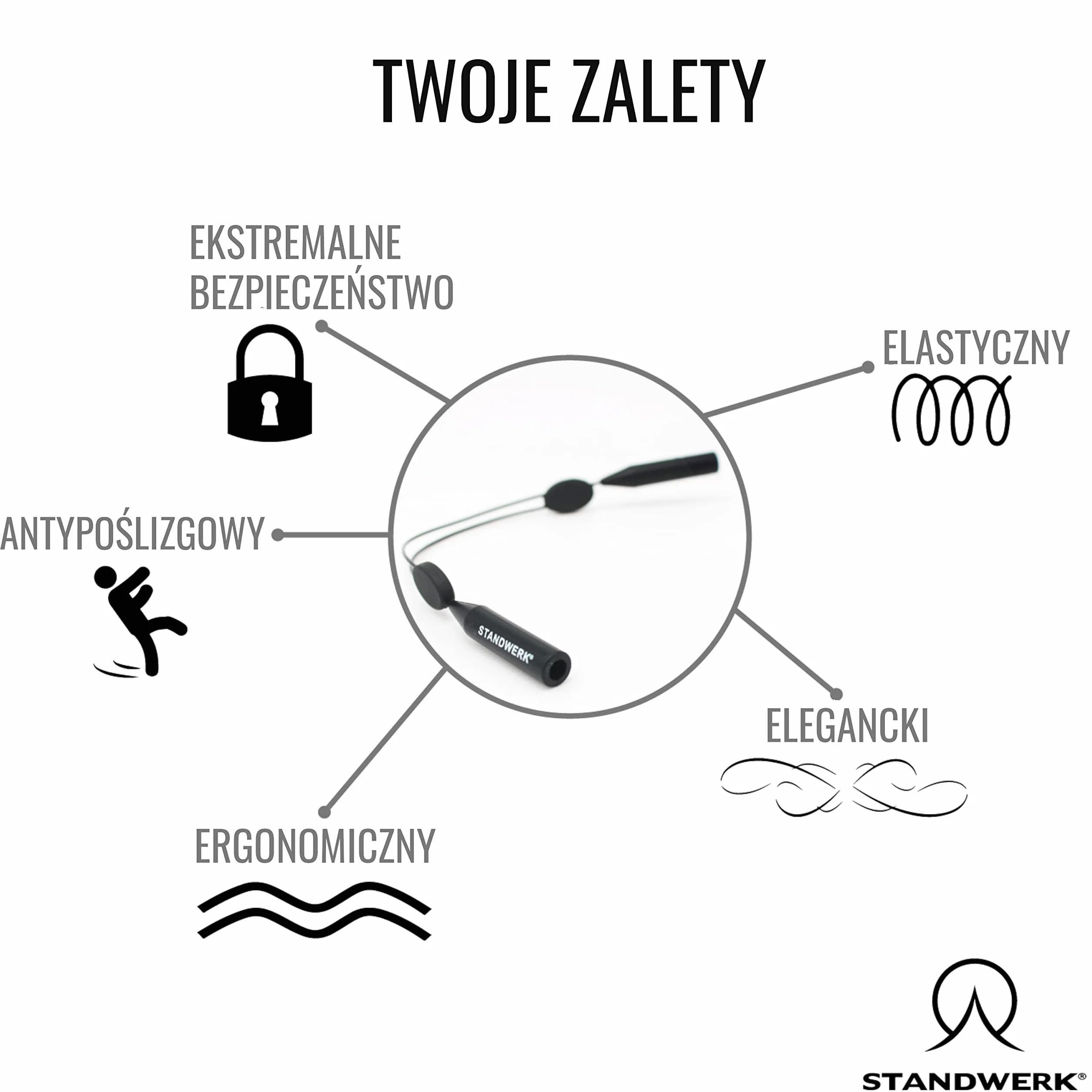 STANDWERK® Paski do okularów – wyjątkowo niezawodny pasek do okularów sportowych dla kobiet, dzieci, mężczyzn – uchwyt na okulary do uprawiania sportu i rekreacji – wodoodporny, elastyczny