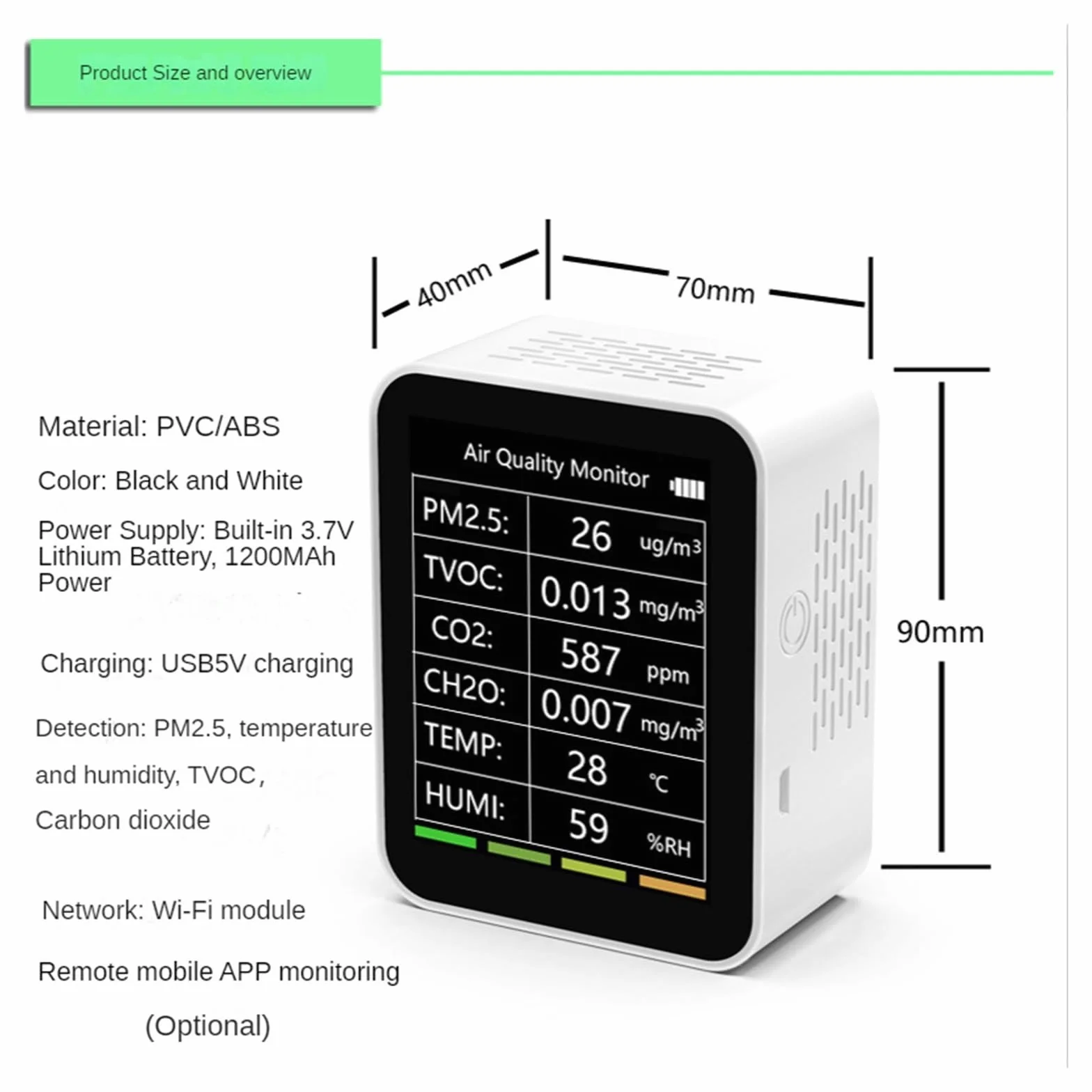 Monitor jakości powietrza w pomieszczeniach, 6 w 1 detektor ści powietrza Tuya Tester CO2 PM2.5 TVOC CO2 CH2O Monitor formaldehydu wyświetlacz TFT czujnik CO2 miernik analizator dla domu, biura i szko