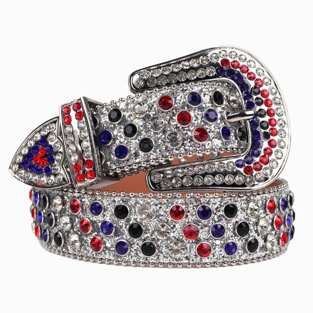Moda Western Bling kryształ górski pasek kolorowy diament luksusowy sznurek z ćwiekami pasek damski męski do dżinsów niebieski 112 cm