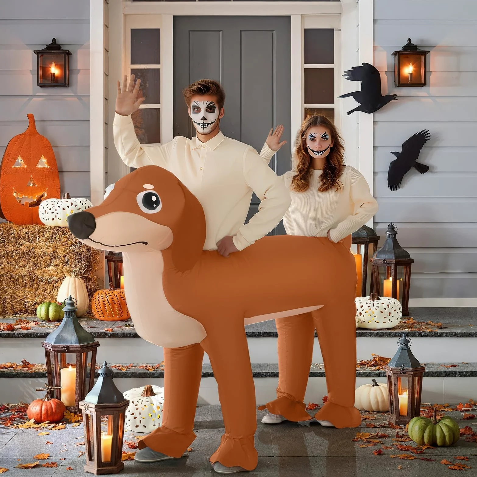 Poptrend Nadmuchiwany kostium jamnika, podwójny kostium dla dorosłych, nadmuchiwany podwójny pies, nadmuchiwany kostium na Halloween, jamnik, kostiumy, dla mężczyzn i kobiet, zabawny fantazyjny