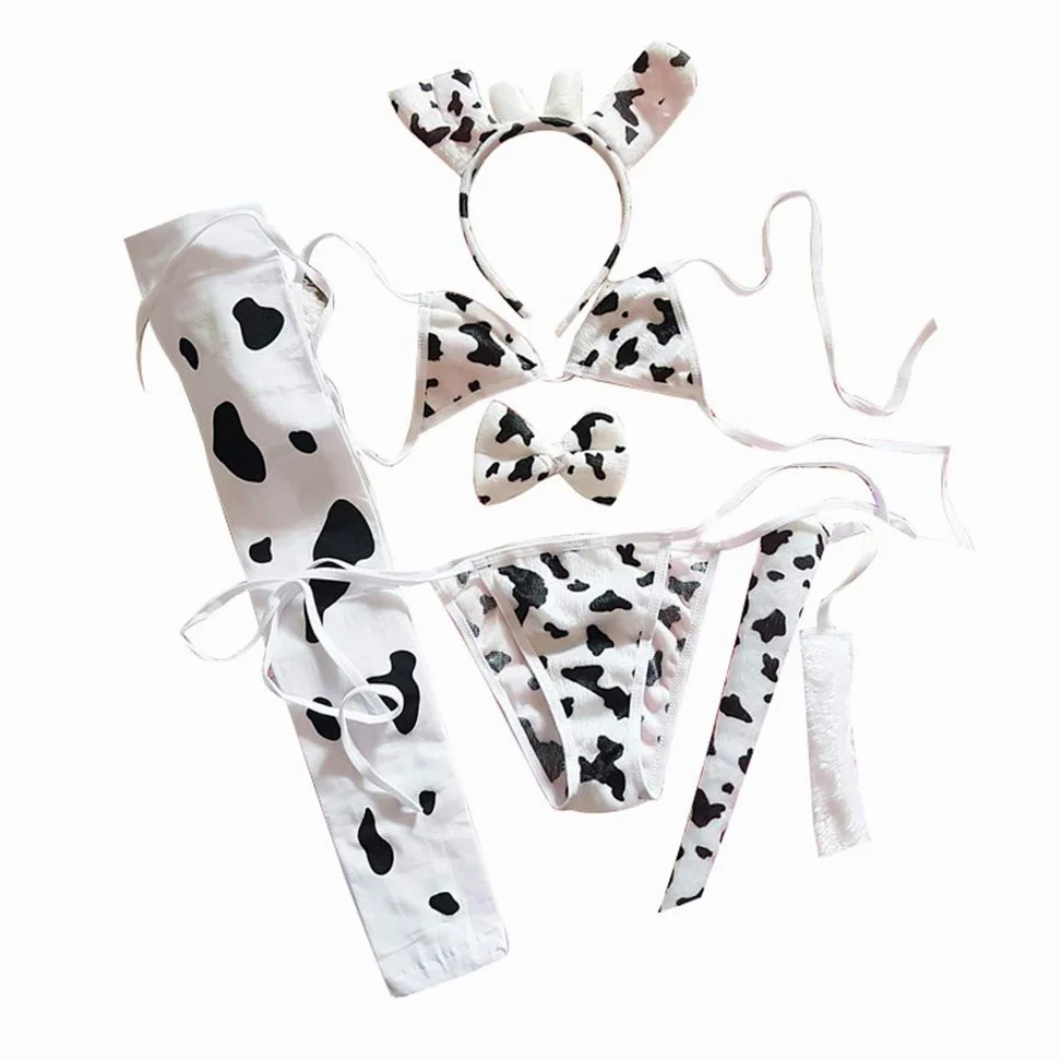 JasmyGirls Seksowna bielizna w kształcie krowy, kostium anime, cosplay, mleczna krowa, nadruk bikini, biustonosz Kawaii, zestaw majtek, odgrywanie ról