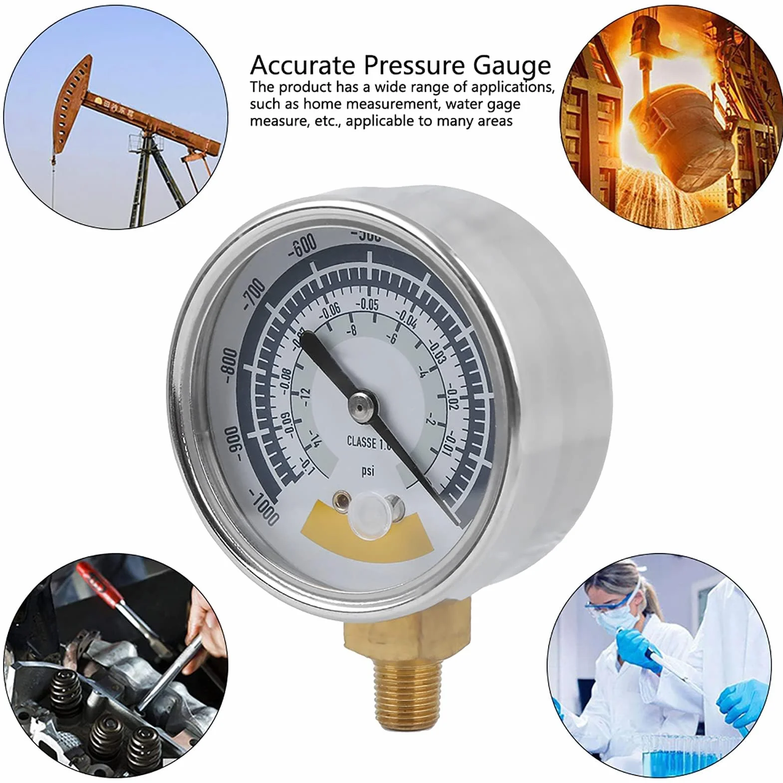 Manometr mechaniczny, precyzyjny manometr powietrza instrument do pompy próżniowej 0-14 psi NPT przyłącze 1/8 cala, niezawodny manometr do pomiaru ciśnienia powietrza do pomp próżniowych