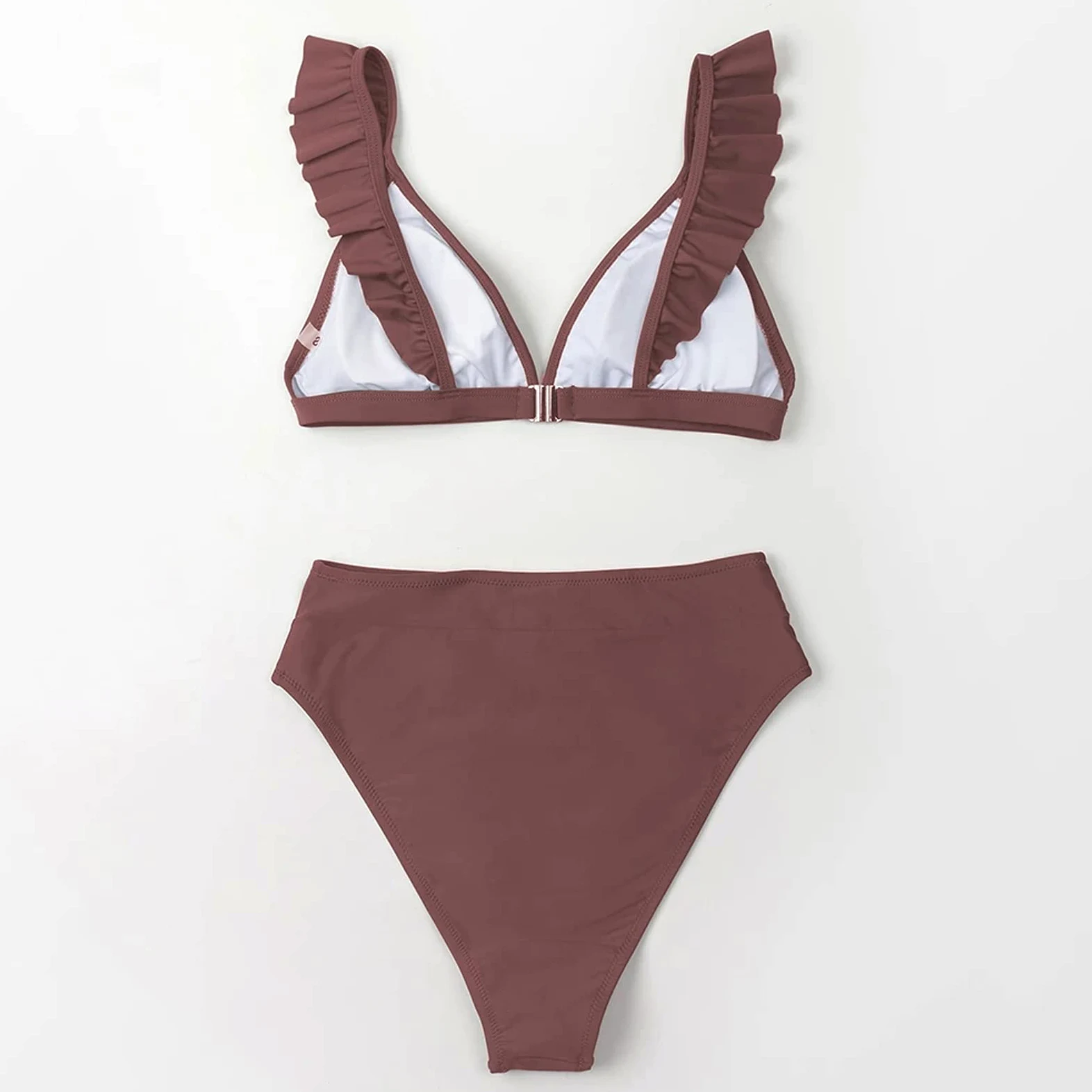 Dwuczęściowy strój kąpielowy V-neck Potargane zestawy Bikini z wysokim stanem Strój kąpielowy Kobiety Seksowny solidny brązowy Dwuczęściowy strój kąpielowy Nowe plażowe kostiumy kąpielowe Bikini Set (A XXL)