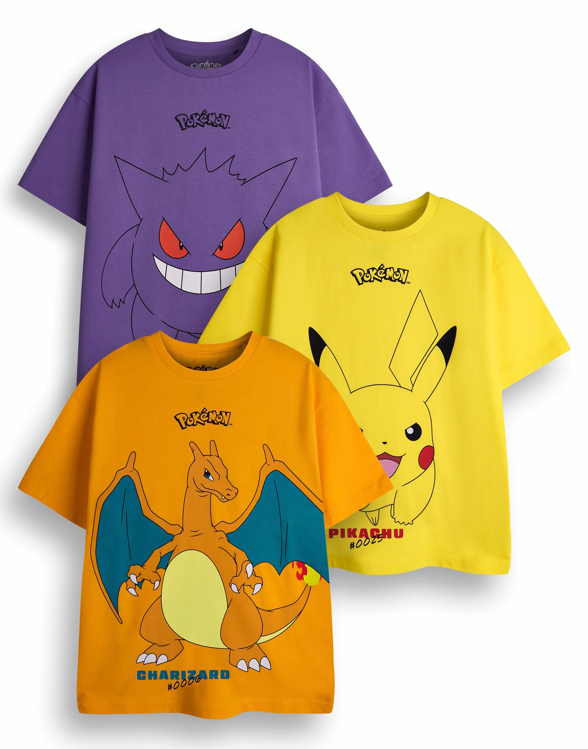Pokemon chłopięcy t-shirt 3-pak, żółty, pomarańczowy i fioletowy, z krótkim rękawem, grafika, Pikachu Glurak Gengar, zestaw odzieży dla graczy, do gier z serialem telewizyjnym, produkt na prezent