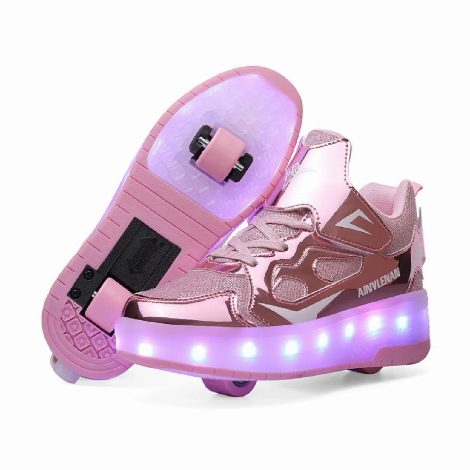 Dziecięce sneakersy, 2-wiel skateboard schoenen, verstelbaar kleurveranderend licht, USB-oplaadbaar, universeel voor jongens en meisjes, zwart, roze, goud, zilver, maat 27-40 EU